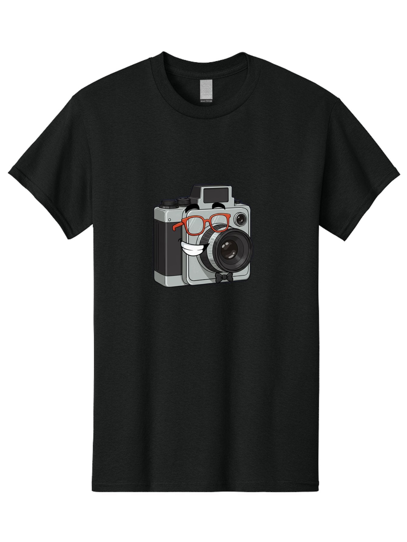 Camera-With-Glasses Men'S Graphic Tee, 100% Cotton, Comfortable Casual Summer Wear, Machine Washable, Cartoon Camera, Vintage Photography, Glasses And Bow Tie, Retro Style, Digital Art, Funny Characters, Creative Concepts, Artistic Expression, Bae376