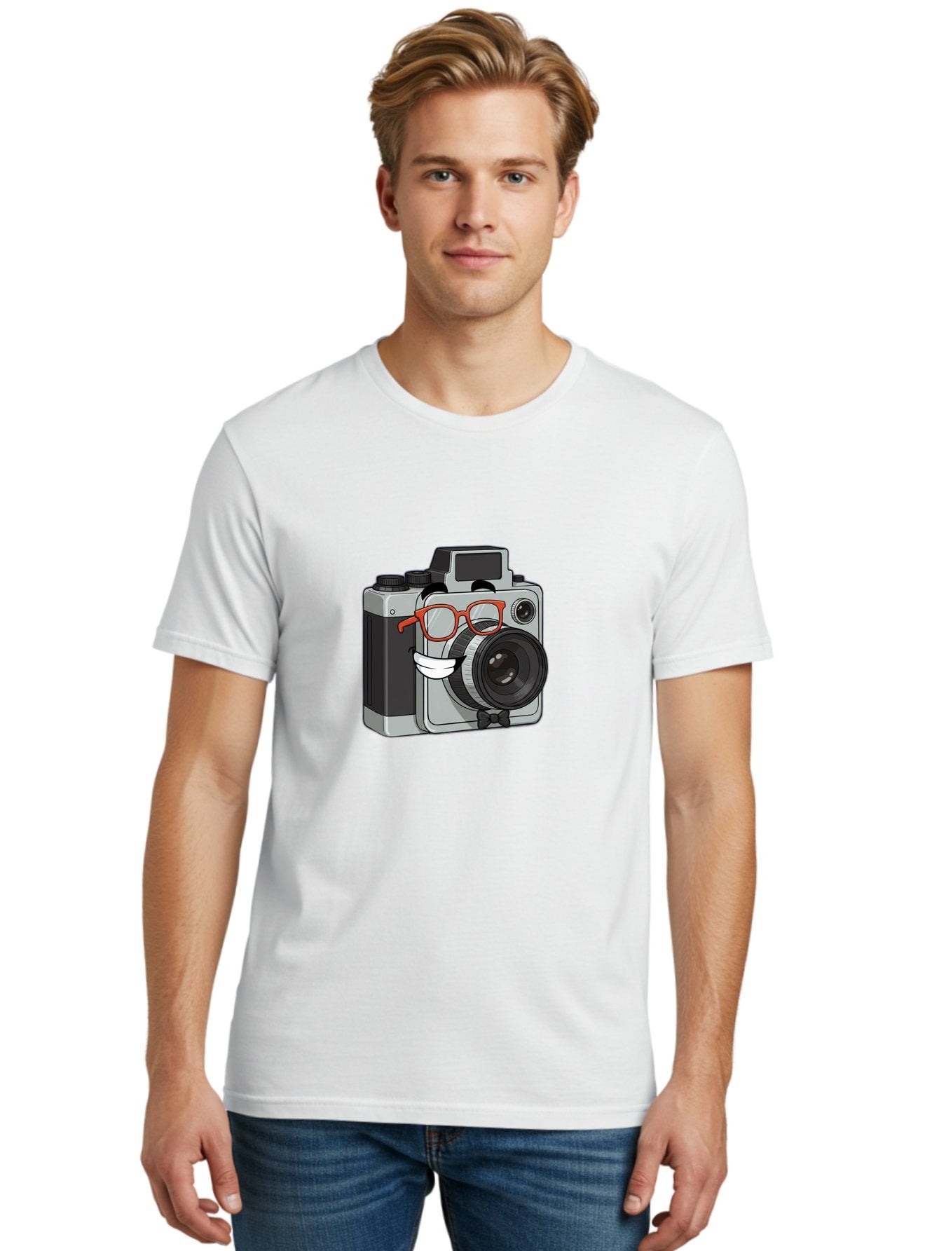 Camera-With-Glasses Men'S Graphic Tee, 100% Cotton, Comfortable Casual Summer Wear, Machine Washable, Cartoon Camera, Vintage Photography, Glasses And Bow Tie, Retro Style, Digital Art, Funny Characters, Creative Concepts, Artistic Expression, Bae376 26