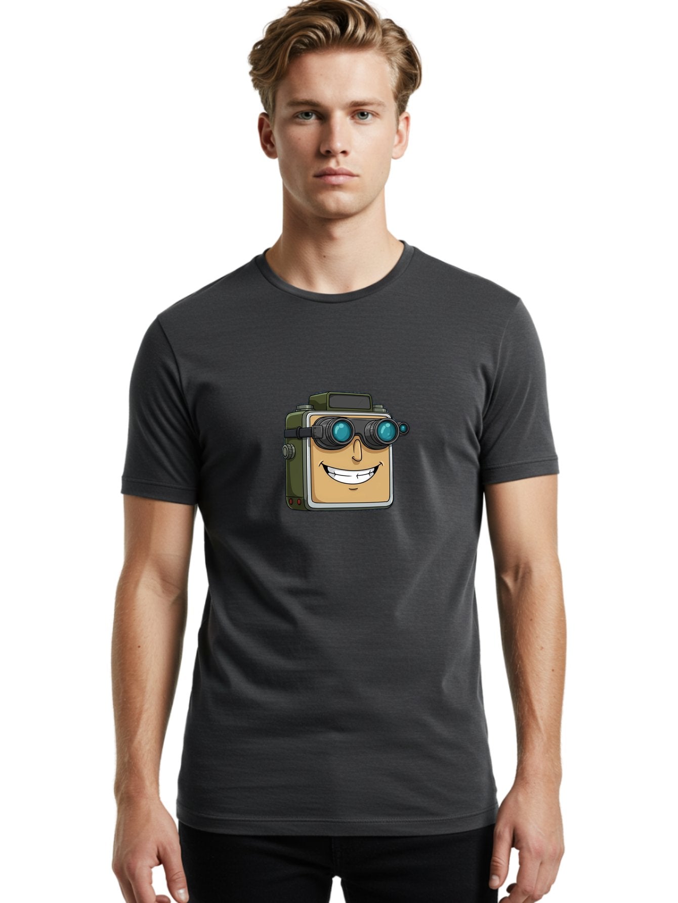 Camera-With-Goggles Men'S Graphic Tee, 100% Cotton, Comfortable Casual Summer Wear, Machine Washable, Cartoon Camera, Smiling Camera, Goggles On Camera, Futuristic Technology, Camera Character, Playful Illustration, Tech Gadget, Bae377 29
