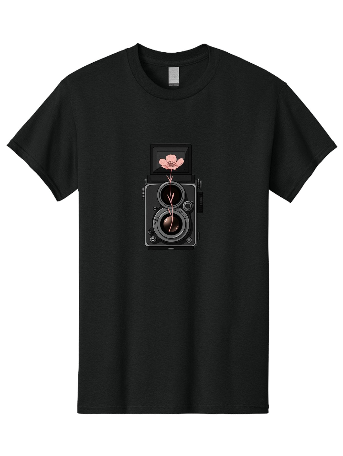 Camera-With-Pink-Flower Men'S Graphic Tee, 100% Cotton, Comfortable Casual Summer Wear, Machine Washable, Vintage Camera, Photography Equipment, Pink Flower, Hasselblad, Twin Lens Reflex, Classic Design, Photography Art, Floral Theme, Bae378