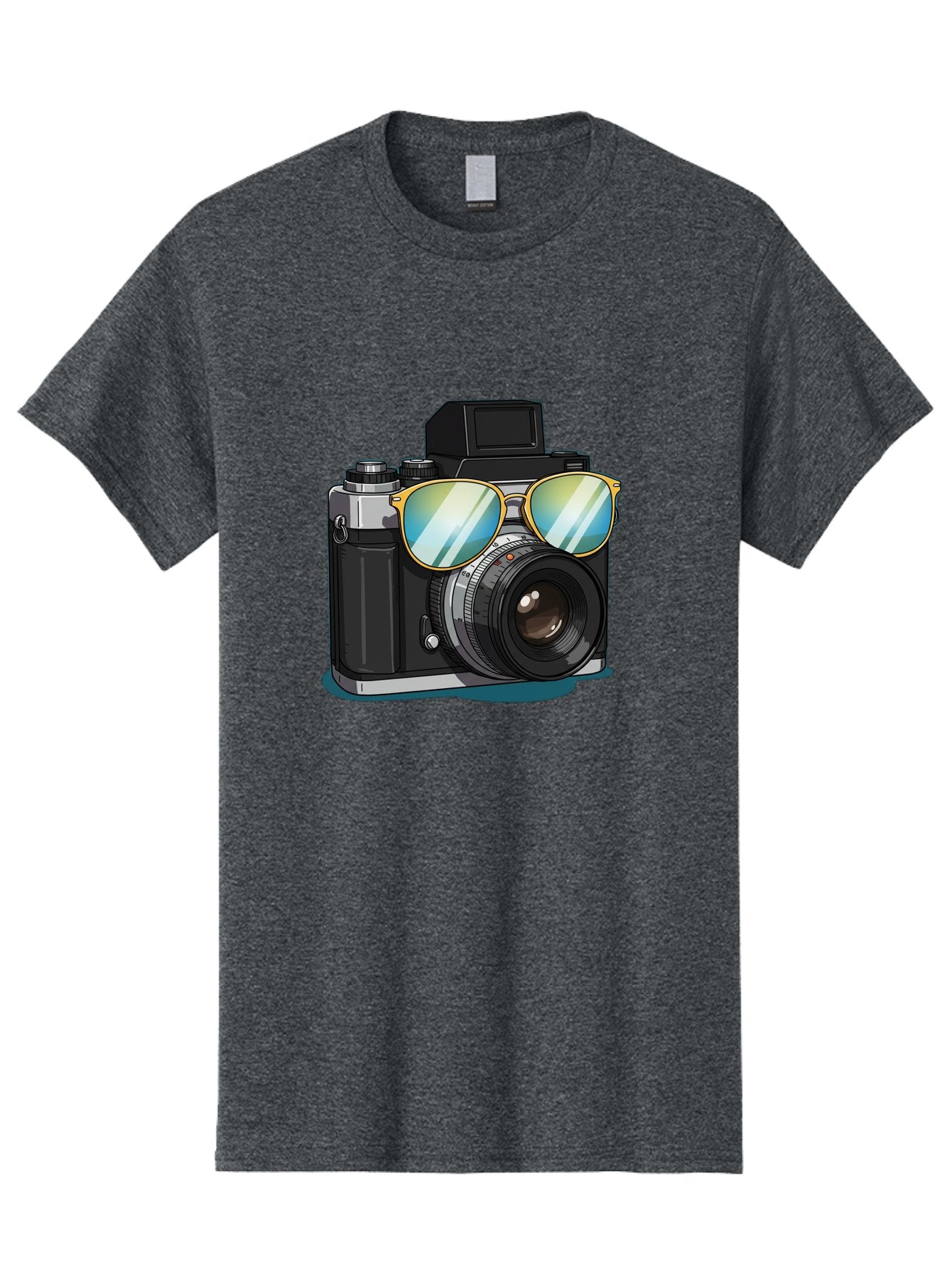 Camera-With-Sunglasses-1 Men'S Graphic Tee, 100% Cotton, Comfortable Casual Summer Wear, Machine Washable, Vintage Camera, Camera With Sunglasses, Cool Camera, Retro Photography, Stylish Accessories, Fashion Photography, Photography Equipment, Bae380