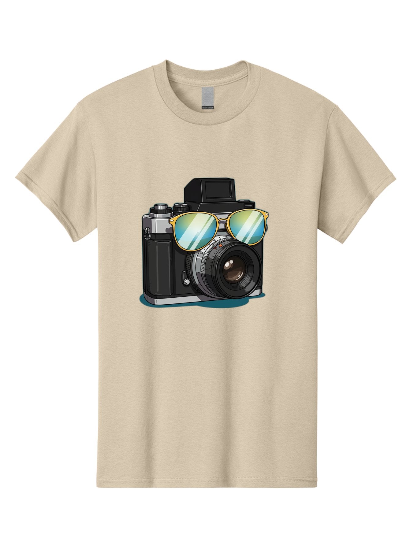 Camera-With-Sunglasses-1 Men'S Graphic Tee, 100% Cotton, Comfortable Casual Summer Wear, Machine Washable, Vintage Camera, Camera With Sunglasses, Cool Camera, Retro Photography, Stylish Accessories, Fashion Photography, Photography Equipment, Bae380