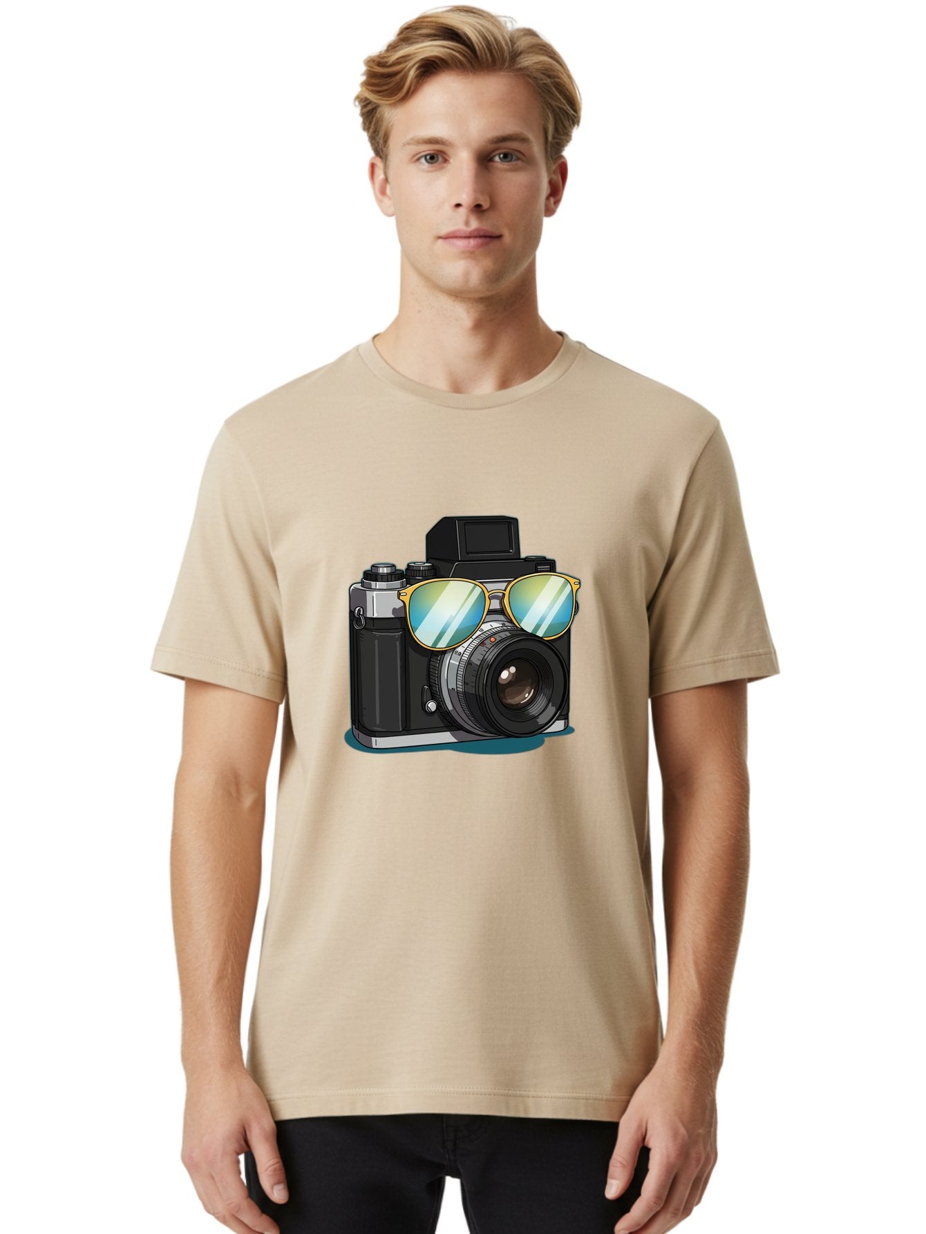 Camera-With-Sunglasses-1 Men'S Graphic Tee, 100% Cotton, Comfortable Casual Summer Wear, Machine Washable, Vintage Camera, Camera With Sunglasses, Cool Camera, Retro Photography, Stylish Accessories, Fashion Photography, Photography Equipment, Bae380 21