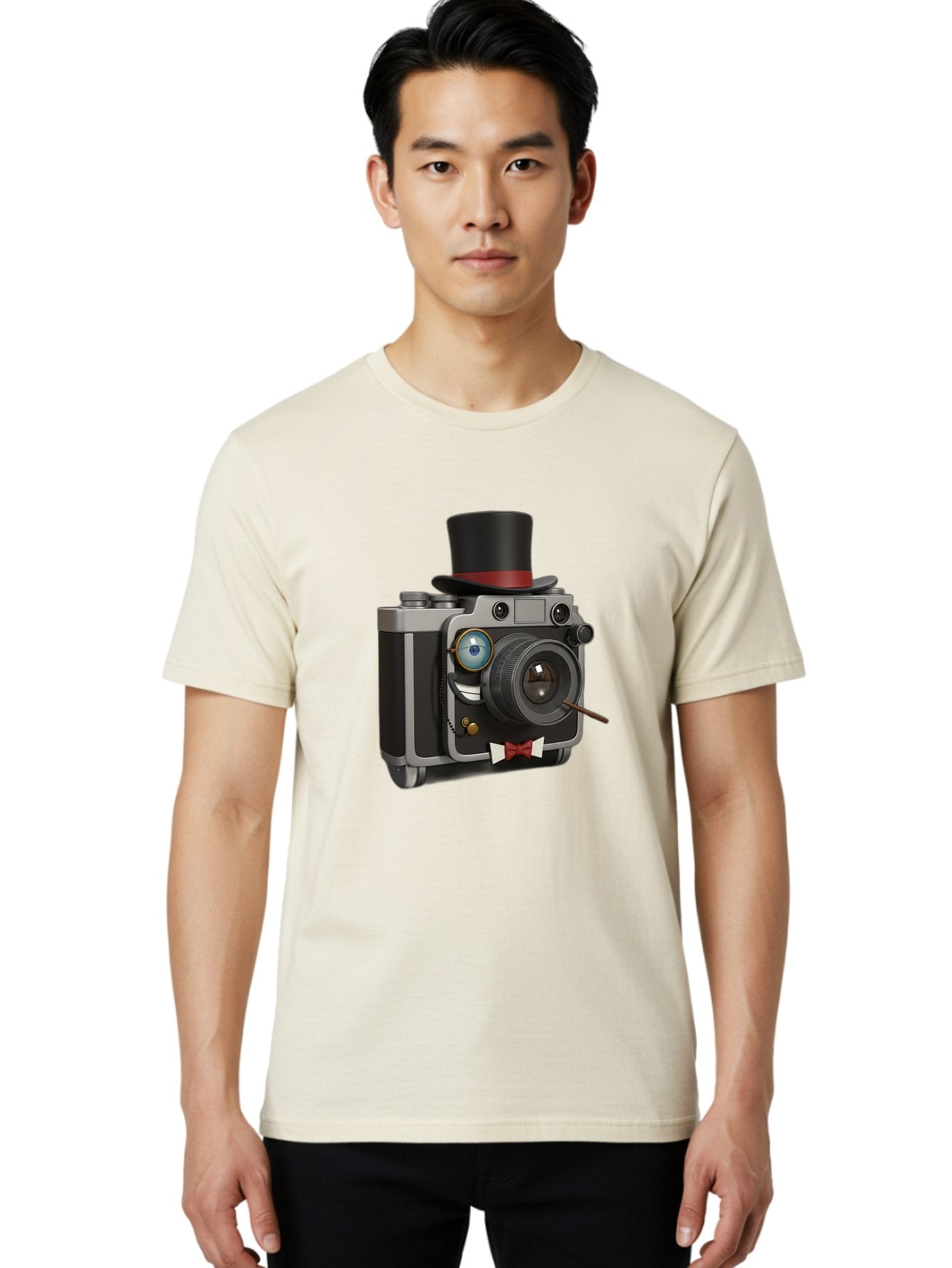 Camera-With-Top-Hat-And-Cane Men'S Graphic Tee, 100% Cotton, Comfortable Casual Summer Wear, Machine Washable, Vintage Camera, Top Hat, Bow Tie, Monocle, Sophisticated Photography, Retro Style, Gentlemanly Elegance, Classic Accessories, Bae382 26