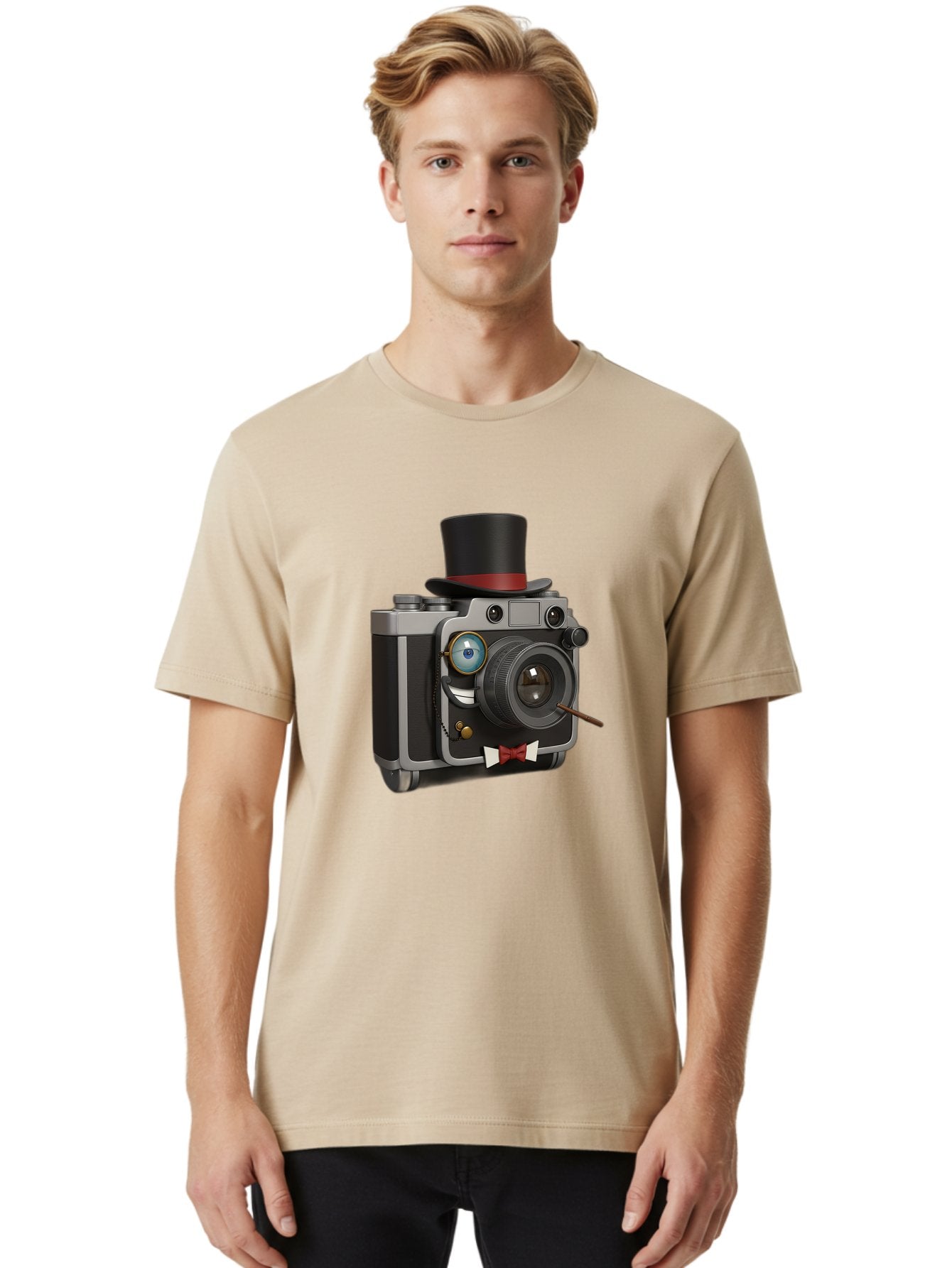 Camera-With-Top-Hat-And-Cane Men'S Graphic Tee, 100% Cotton, Comfortable Casual Summer Wear, Machine Washable, Vintage Camera, Top Hat, Bow Tie, Monocle, Sophisticated Photography, Retro Style, Gentlemanly Elegance, Classic Accessories, Bae382 24