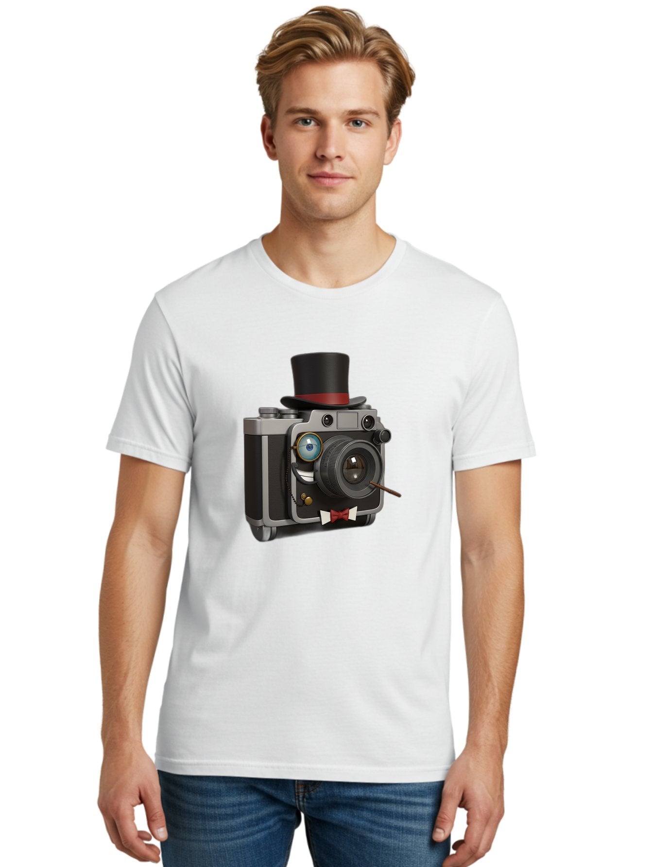 Camera-With-Top-Hat-And-Cane Men'S Graphic Tee, 100% Cotton, Comfortable Casual Summer Wear, Machine Washable, Vintage Camera, Top Hat, Bow Tie, Monocle, Sophisticated Photography, Retro Style, Gentlemanly Elegance, Classic Accessories, Bae382 29