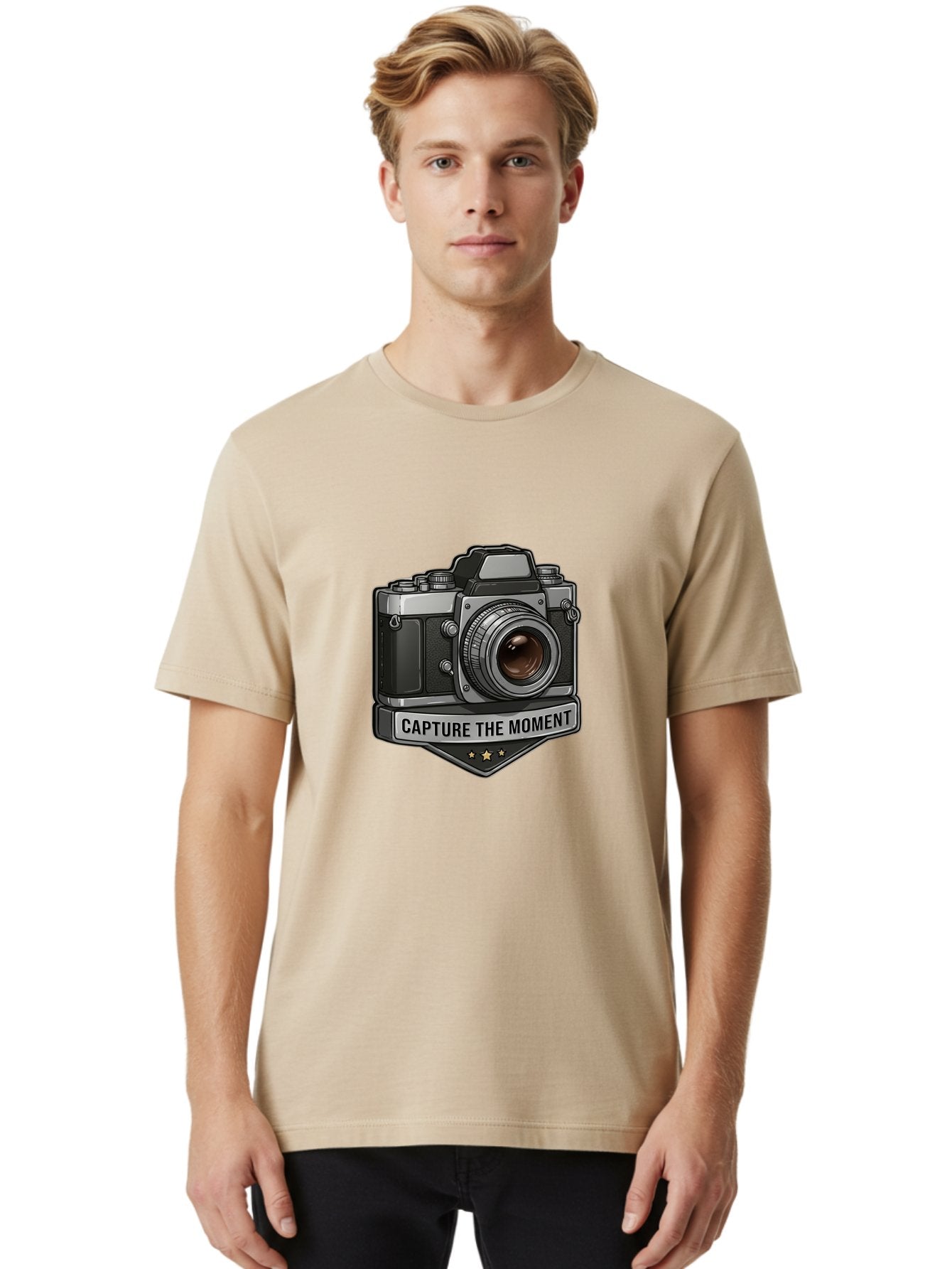 Capture-The-Moment Men'S Graphic Tee, 100% Cotton, Comfortable Casual Summer Wear, Machine Washable, Vintage Camera, Photography Equipment, Capture The Moment, Three Stars, Classic Design, Retro Style, Photography Inspiration, Camera Logo, Bae385 19