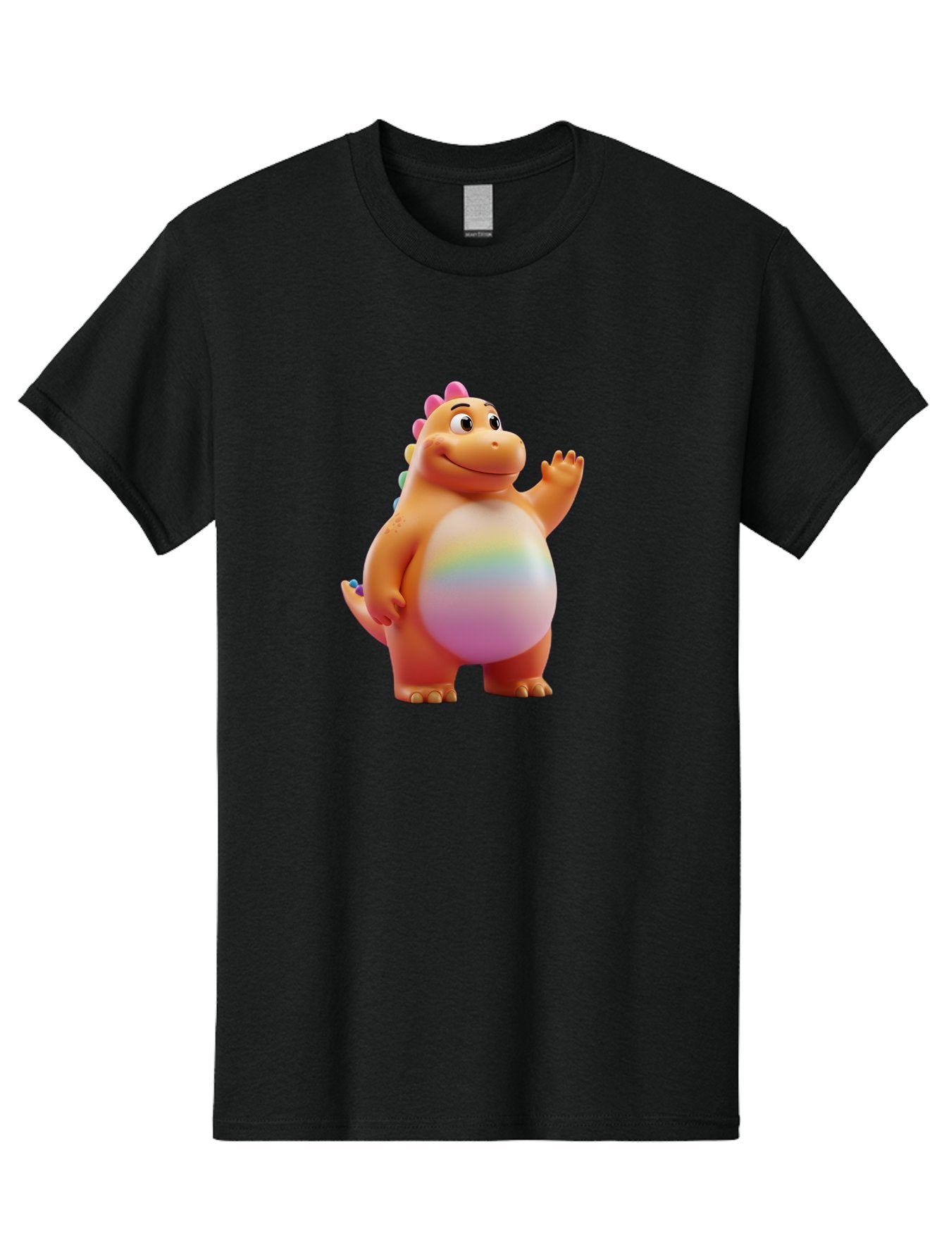 Cartoon-Dinosaur-3 Men'S Graphic Tee, 100% Cotton, Comfortable Casual Summer Wear, Machine Washable, Cartoon Dinosaur, Orange Dinosaur, Friendly Creature, Smiling Face, Waving Hand, Colorful Spines, Rainbow Belly, Animated Character, Bae390 12