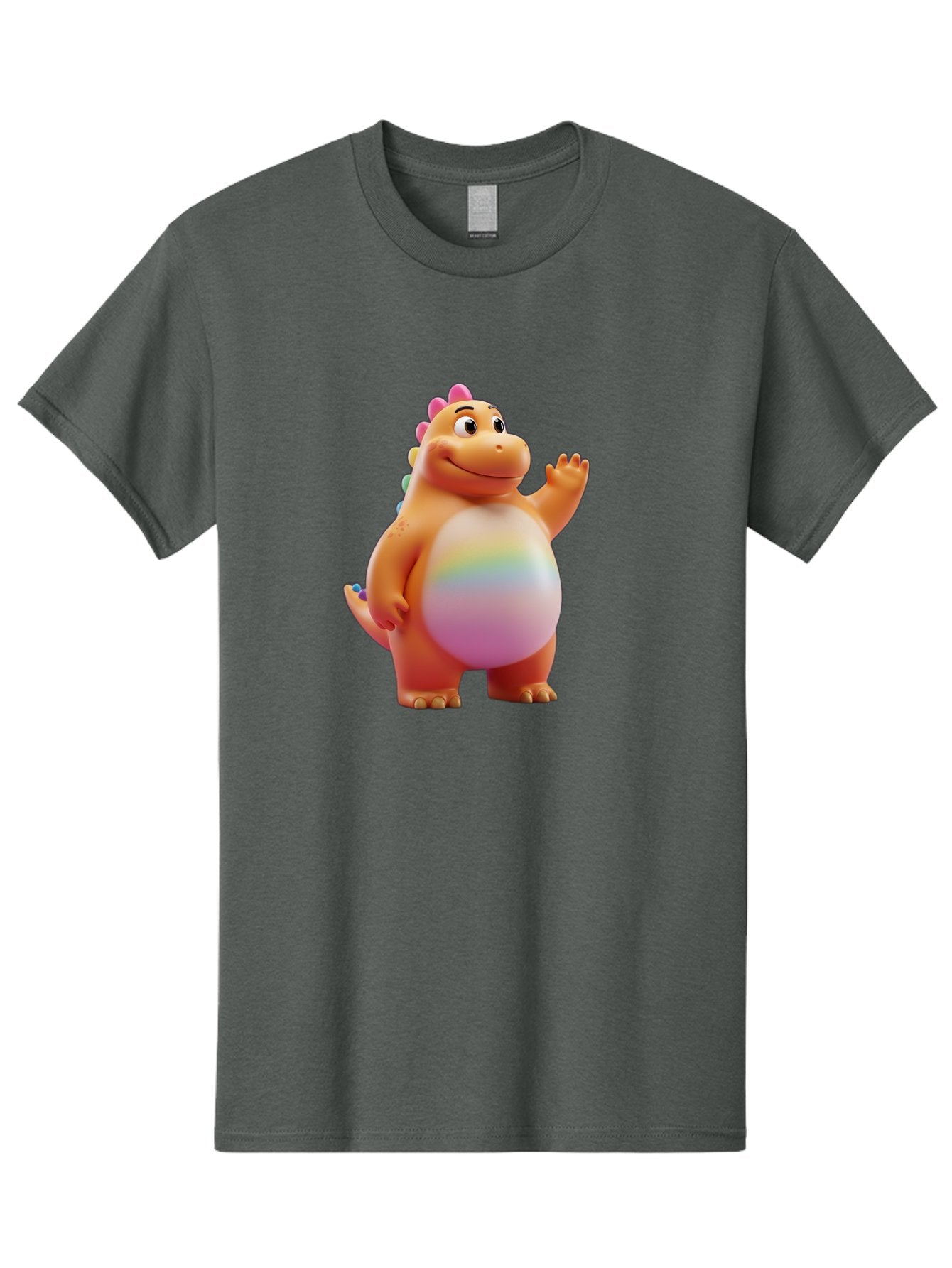 Cartoon-Dinosaur-3 Men'S Graphic Tee, 100% Cotton, Comfortable Casual Summer Wear, Machine Washable, Cartoon Dinosaur, Orange Dinosaur, Friendly Creature, Smiling Face, Waving Hand, Colorful Spines, Rainbow Belly, Animated Character, Bae390 13