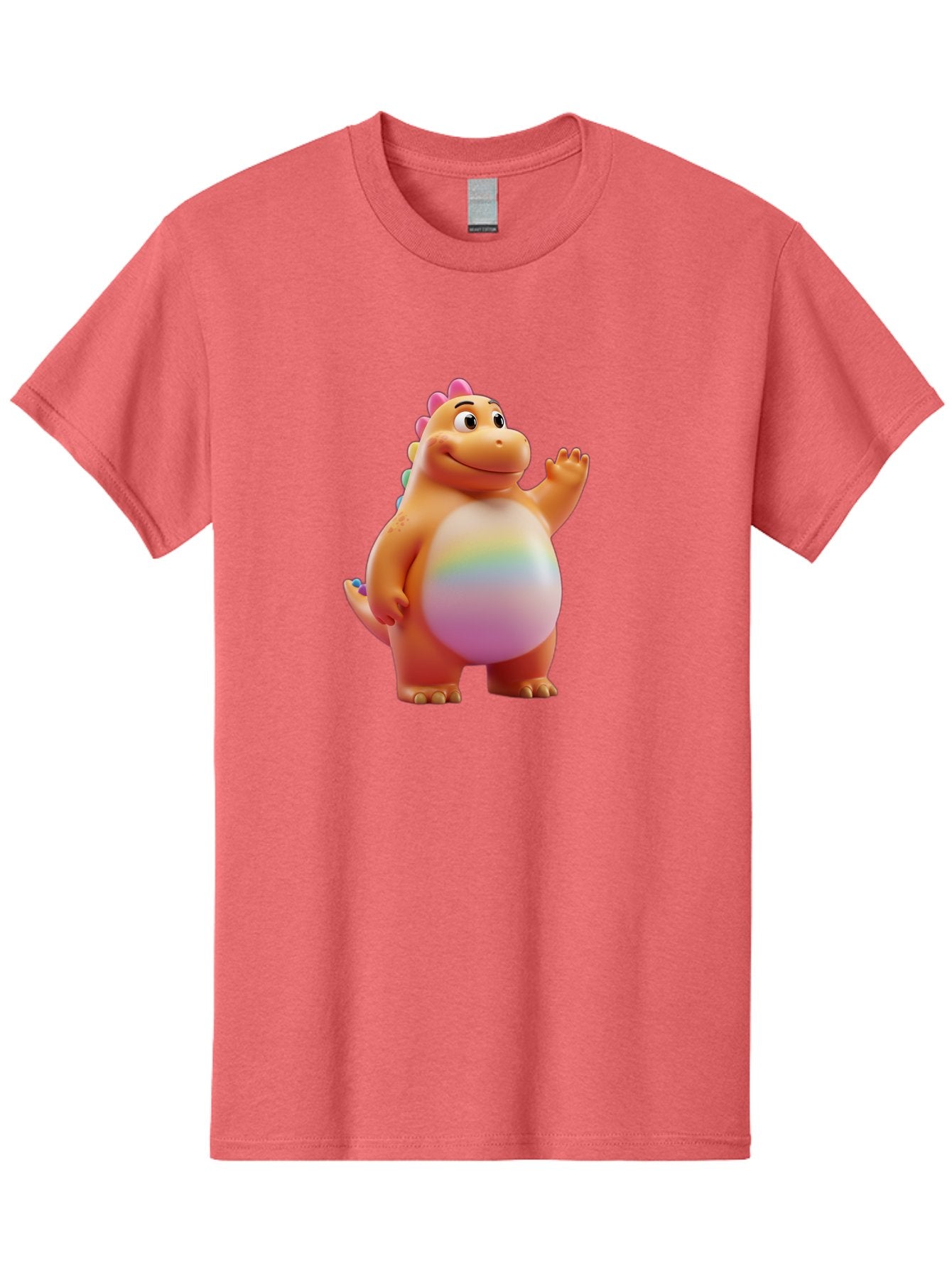 Cartoon-Dinosaur-3 Men'S Graphic Tee, 100% Cotton, Comfortable Casual Summer Wear, Machine Washable, Cartoon Dinosaur, Orange Dinosaur, Friendly Creature, Smiling Face, Waving Hand, Colorful Spines, Rainbow Belly, Animated Character, Bae390 10
