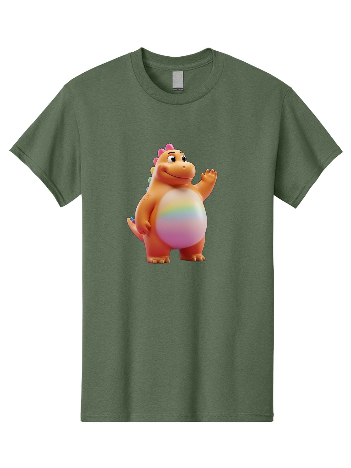 Cartoon-Dinosaur-3 Men'S Graphic Tee, 100% Cotton, Comfortable Casual Summer Wear, Machine Washable, Cartoon Dinosaur, Orange Dinosaur, Friendly Creature, Smiling Face, Waving Hand, Colorful Spines, Rainbow Belly, Animated Character, Bae390 5