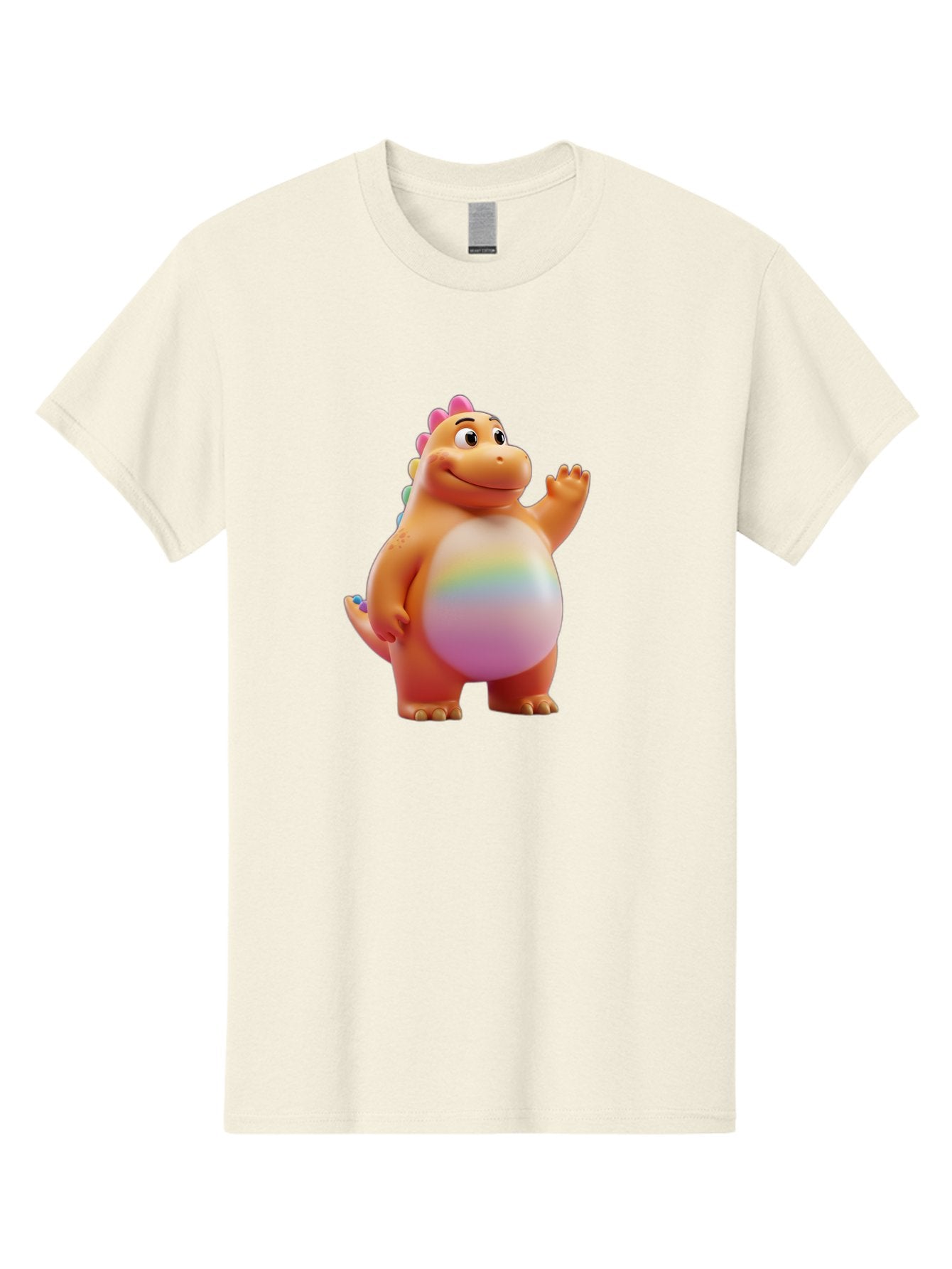 Cartoon-Dinosaur-3 Men'S Graphic Tee, 100% Cotton, Comfortable Casual Summer Wear, Machine Washable, Cartoon Dinosaur, Orange Dinosaur, Friendly Creature, Smiling Face, Waving Hand, Colorful Spines, Rainbow Belly, Animated Character, Bae390 4