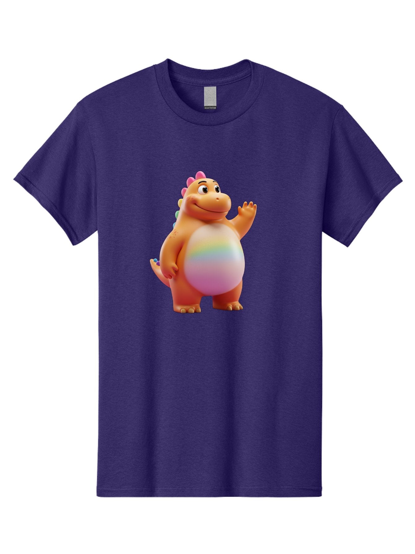 Cartoon-Dinosaur-3 Men'S Graphic Tee, 100% Cotton, Comfortable Casual Summer Wear, Machine Washable, Cartoon Dinosaur, Orange Dinosaur, Friendly Creature, Smiling Face, Waving Hand, Colorful Spines, Rainbow Belly, Animated Character, Bae390