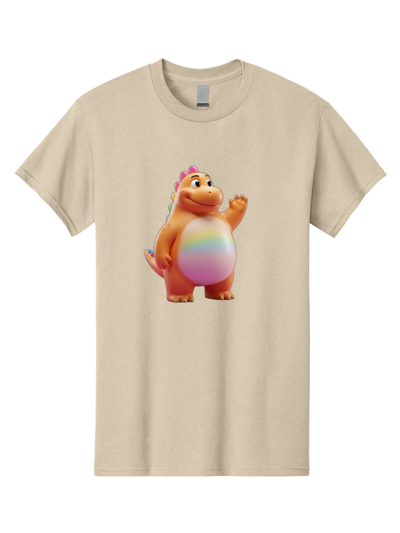 Cartoon-Dinosaur-3 Men'S Graphic Tee, 100% Cotton, Comfortable Casual Summer Wear, Machine Washable, Cartoon Dinosaur, Orange Dinosaur, Friendly Creature, Smiling Face, Waving Hand, Colorful Spines, Rainbow Belly, Animated Character, Bae390 3