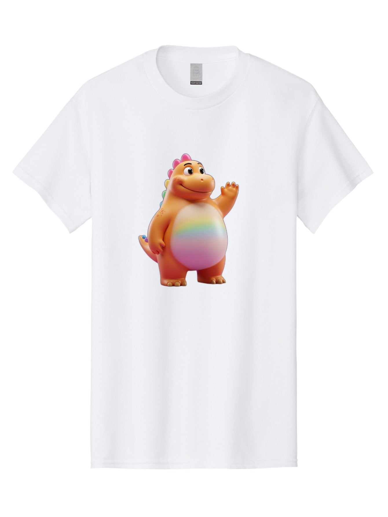 Cartoon-Dinosaur-3 Men'S Graphic Tee, 100% Cotton, Comfortable Casual Summer Wear, Machine Washable, Cartoon Dinosaur, Orange Dinosaur, Friendly Creature, Smiling Face, Waving Hand, Colorful Spines, Rainbow Belly, Animated Character, Bae390 6