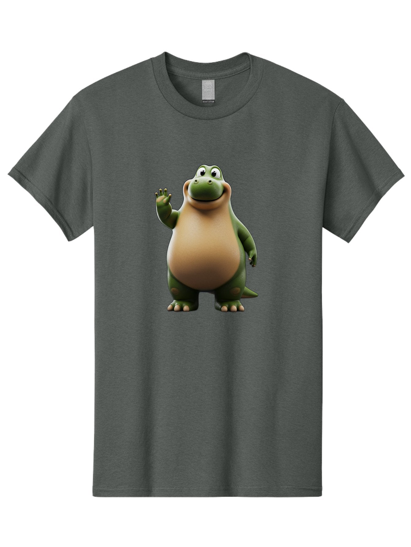 Cartoon-Dinosaur Men'S Graphic Tee, 100% Cotton, Comfortable Casual Summer Wear, Machine Washable, Cartoon Dinosaur, Friendly T-Rex, Green And Tan, Waving Hand, Smiling Face, Animated Character, Children'S Illustration, Prehistoric Creature, Bae391 12