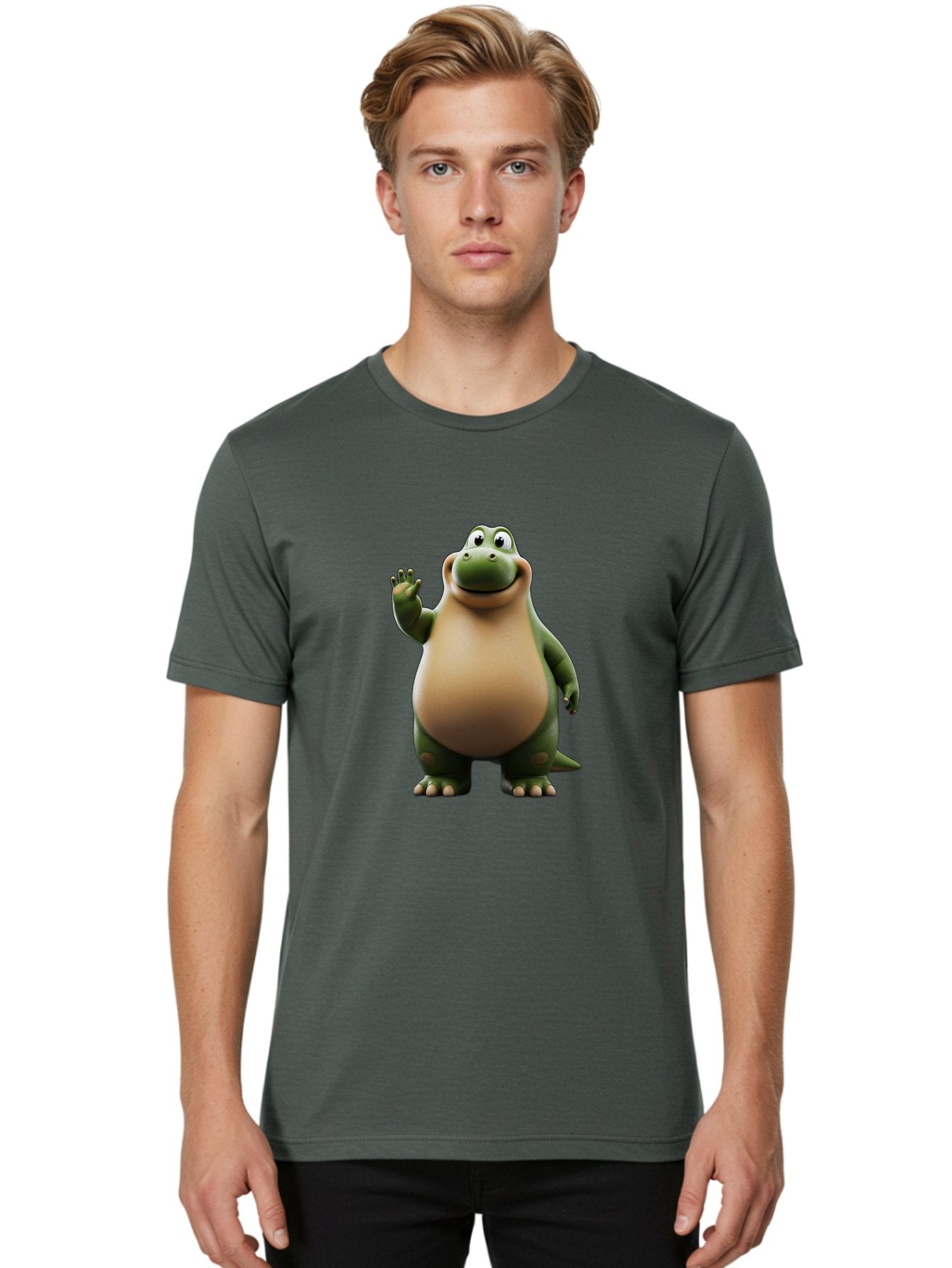 Cartoon-Dinosaur Men'S Graphic Tee, 100% Cotton, Comfortable Casual Summer Wear, Machine Washable, Cartoon Dinosaur, Friendly T-Rex, Green And Tan, Waving Hand, Smiling Face, Animated Character, Children'S Illustration, Prehistoric Creature, Bae391 28