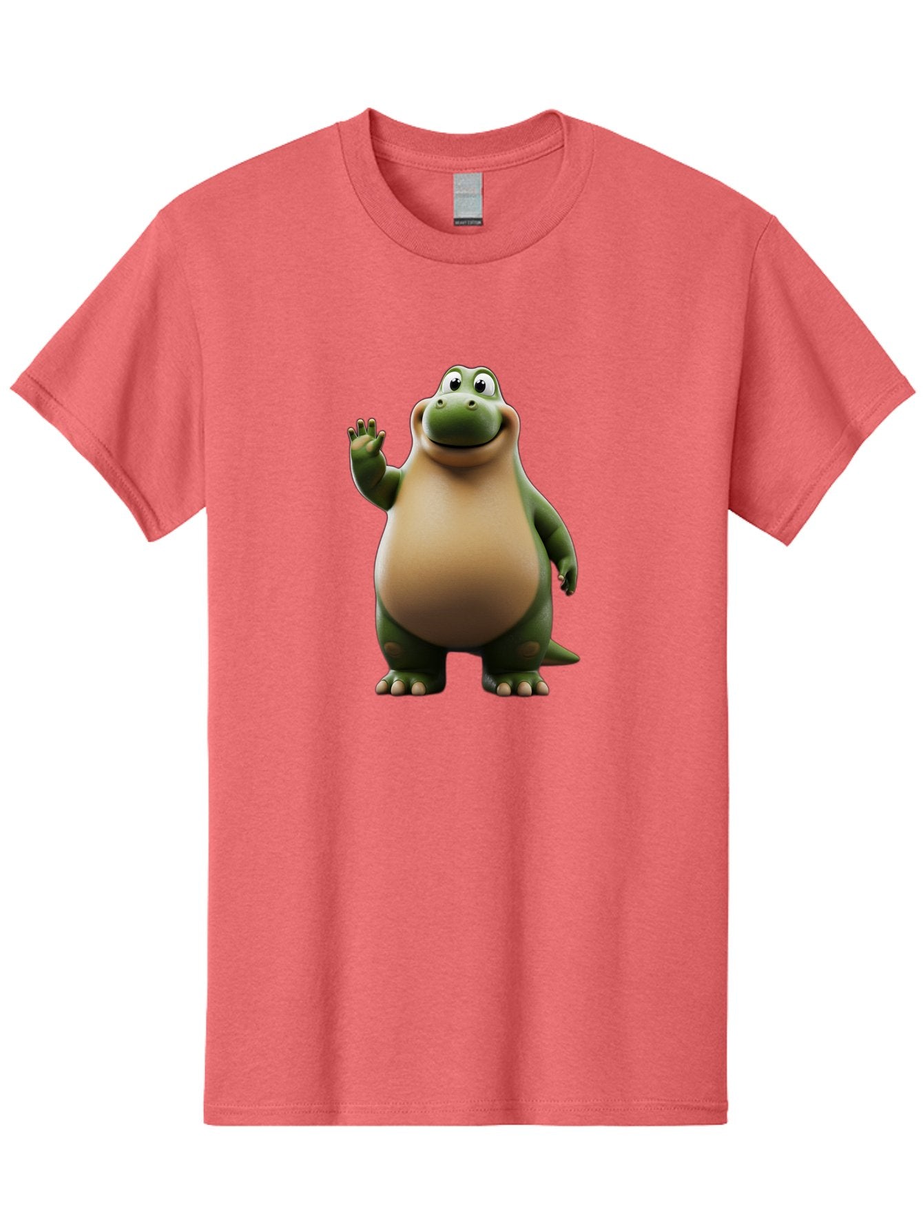 Cartoon-Dinosaur Men'S Graphic Tee, 100% Cotton, Comfortable Casual Summer Wear, Machine Washable, Cartoon Dinosaur, Friendly T-Rex, Green And Tan, Waving Hand, Smiling Face, Animated Character, Children'S Illustration, Prehistoric Creature, Bae391