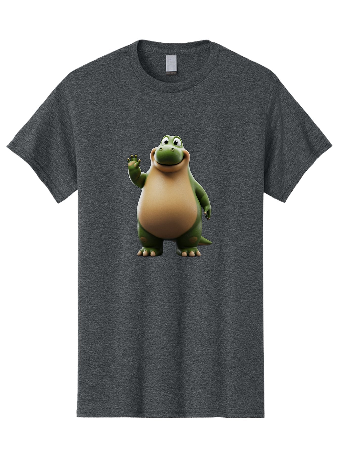 Cartoon-Dinosaur Men'S Graphic Tee, 100% Cotton, Comfortable Casual Summer Wear, Machine Washable, Cartoon Dinosaur, Friendly T-Rex, Green And Tan, Waving Hand, Smiling Face, Animated Character, Children'S Illustration, Prehistoric Creature, Bae391 14