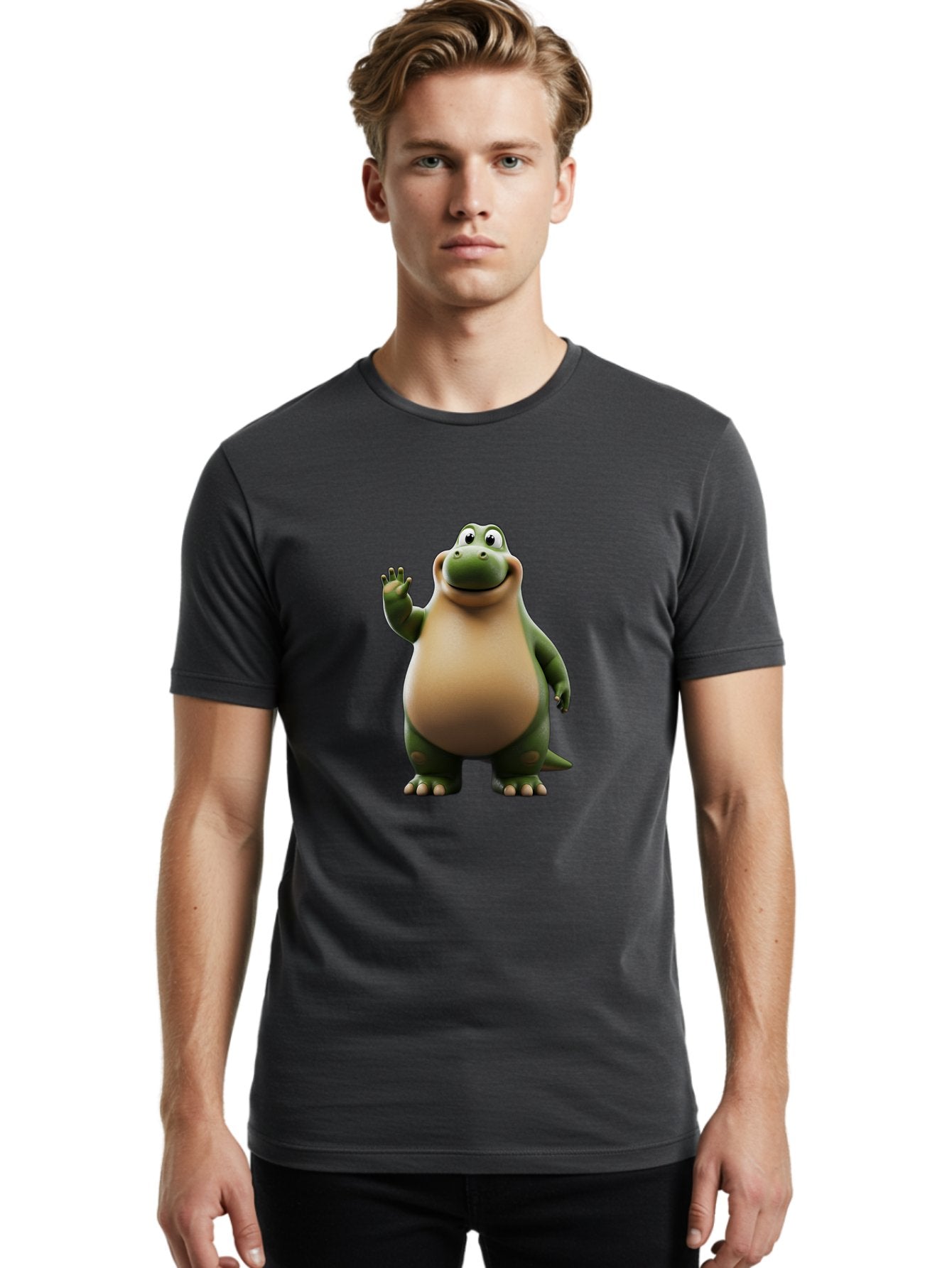 Cartoon-Dinosaur Men'S Graphic Tee, 100% Cotton, Comfortable Casual Summer Wear, Machine Washable, Cartoon Dinosaur, Friendly T-Rex, Green And Tan, Waving Hand, Smiling Face, Animated Character, Children'S Illustration, Prehistoric Creature, Bae391 29