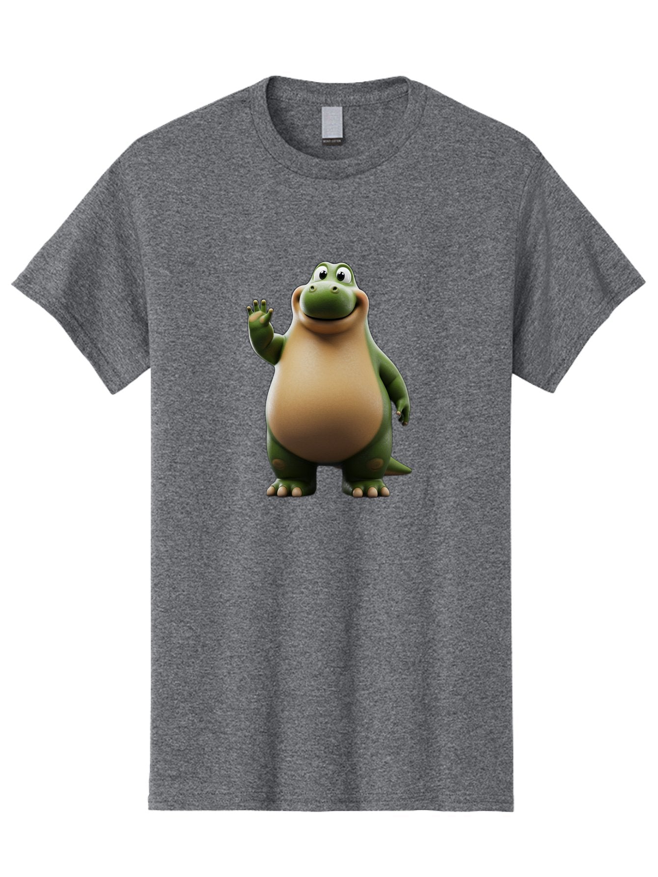 Cartoon-Dinosaur Men'S Graphic Tee, 100% Cotton, Comfortable Casual Summer Wear, Machine Washable, Cartoon Dinosaur, Friendly T-Rex, Green And Tan, Waving Hand, Smiling Face, Animated Character, Children'S Illustration, Prehistoric Creature, Bae391 7