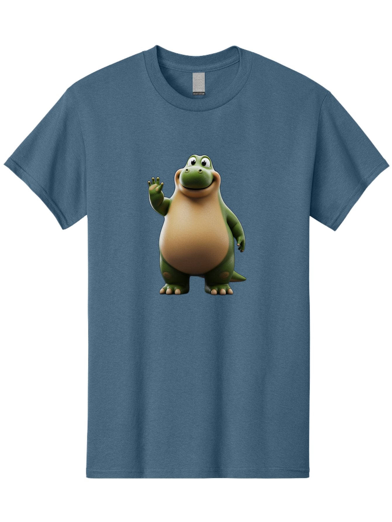 Cartoon-Dinosaur Men'S Graphic Tee, 100% Cotton, Comfortable Casual Summer Wear, Machine Washable, Cartoon Dinosaur, Friendly T-Rex, Green And Tan, Waving Hand, Smiling Face, Animated Character, Children'S Illustration, Prehistoric Creature, Bae391