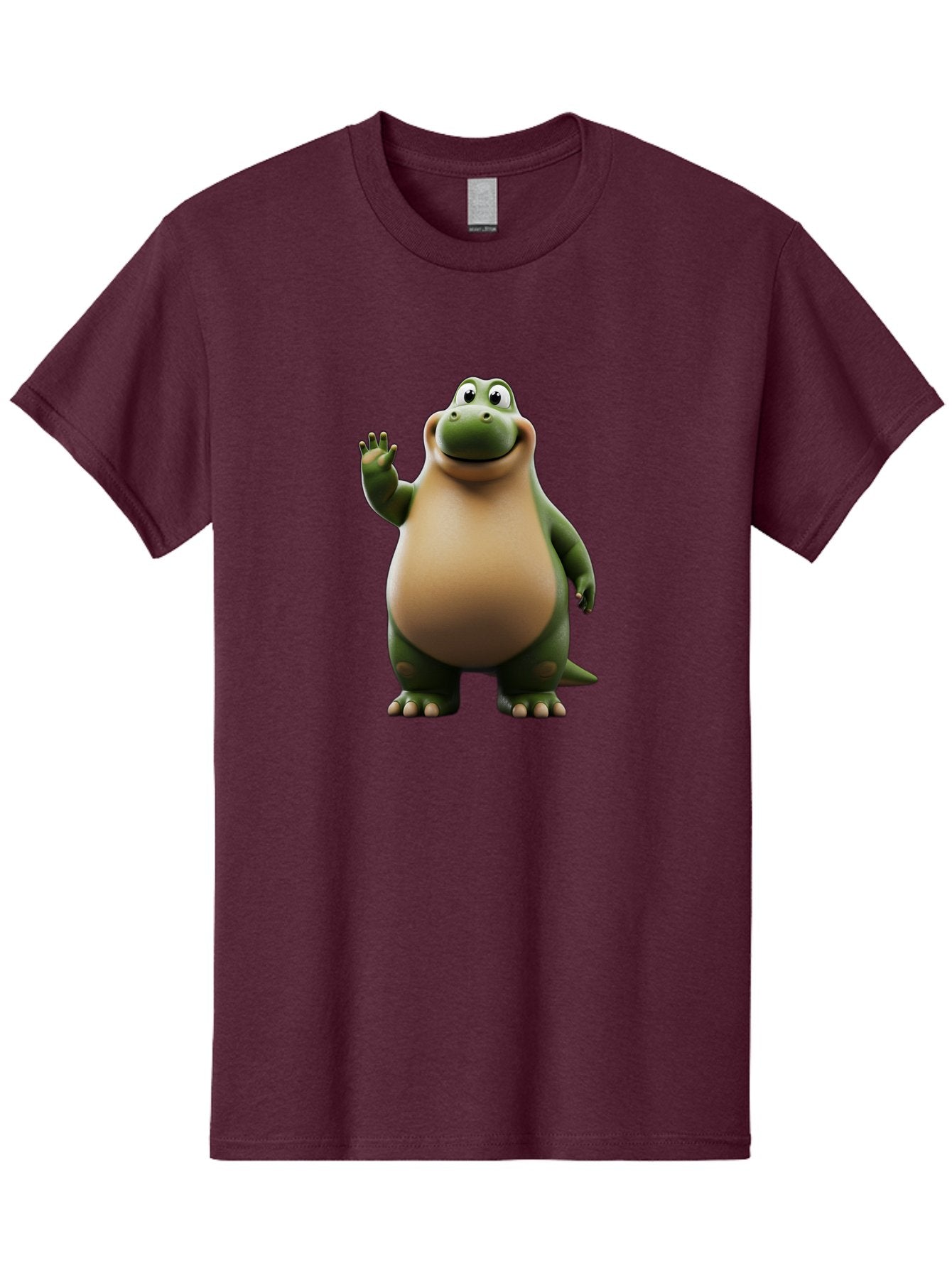 Cartoon-Dinosaur Men'S Graphic Tee, 100% Cotton, Comfortable Casual Summer Wear, Machine Washable, Cartoon Dinosaur, Friendly T-Rex, Green And Tan, Waving Hand, Smiling Face, Animated Character, Children'S Illustration, Prehistoric Creature, Bae391 4