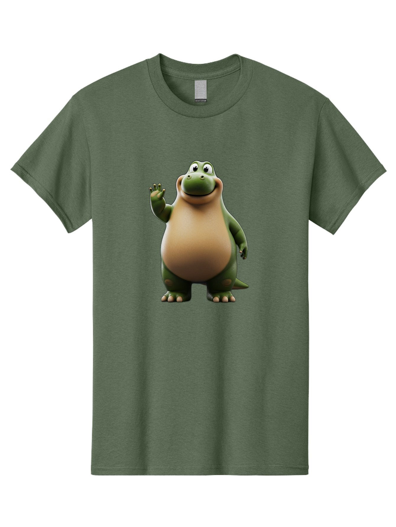 Cartoon-Dinosaur Men'S Graphic Tee, 100% Cotton, Comfortable Casual Summer Wear, Machine Washable, Cartoon Dinosaur, Friendly T-Rex, Green And Tan, Waving Hand, Smiling Face, Animated Character, Children'S Illustration, Prehistoric Creature, Bae391 5