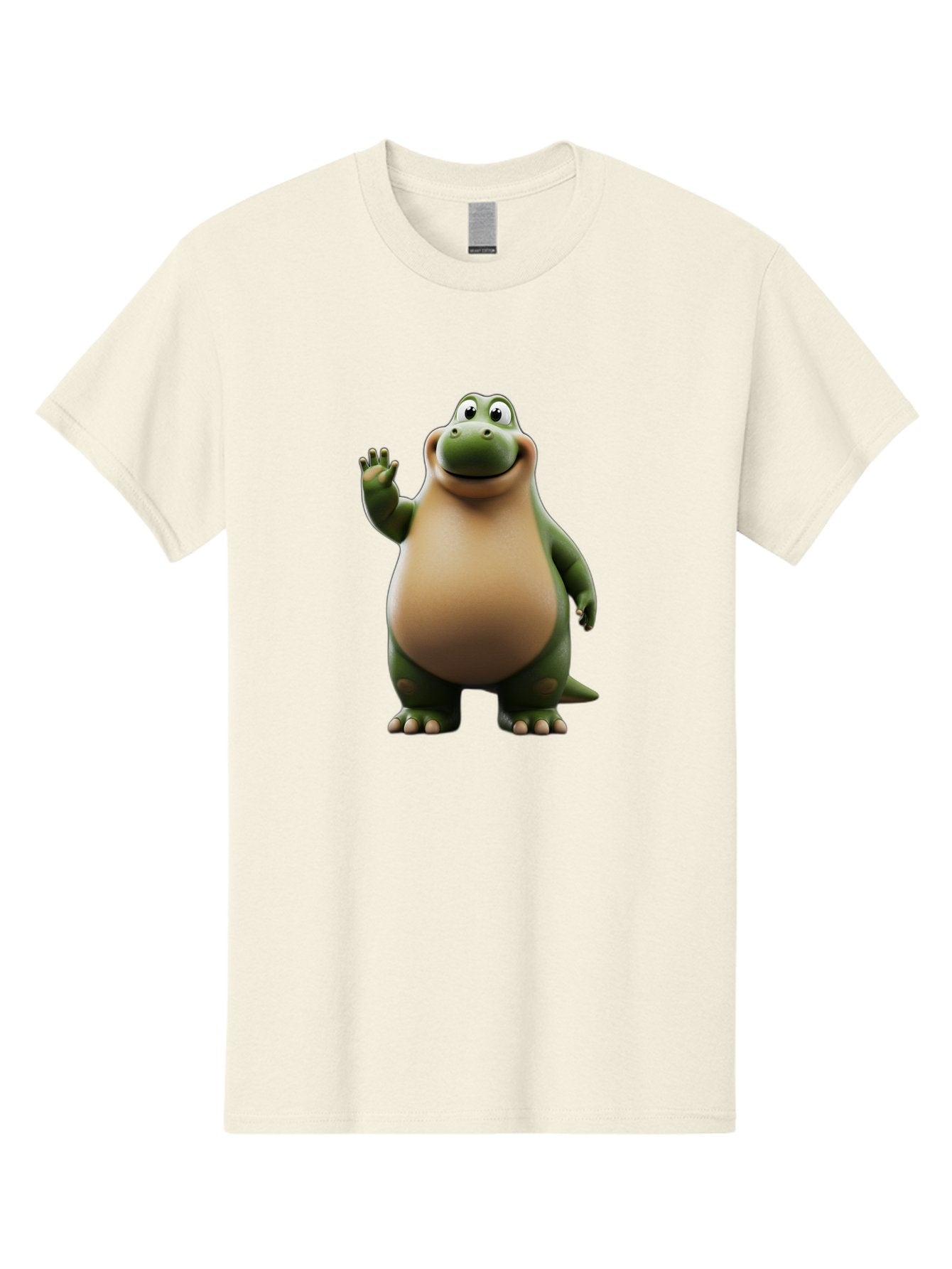 Cartoon-Dinosaur Men'S Graphic Tee, 100% Cotton, Comfortable Casual Summer Wear, Machine Washable, Cartoon Dinosaur, Friendly T-Rex, Green And Tan, Waving Hand, Smiling Face, Animated Character, Children'S Illustration, Prehistoric Creature, Bae391 10