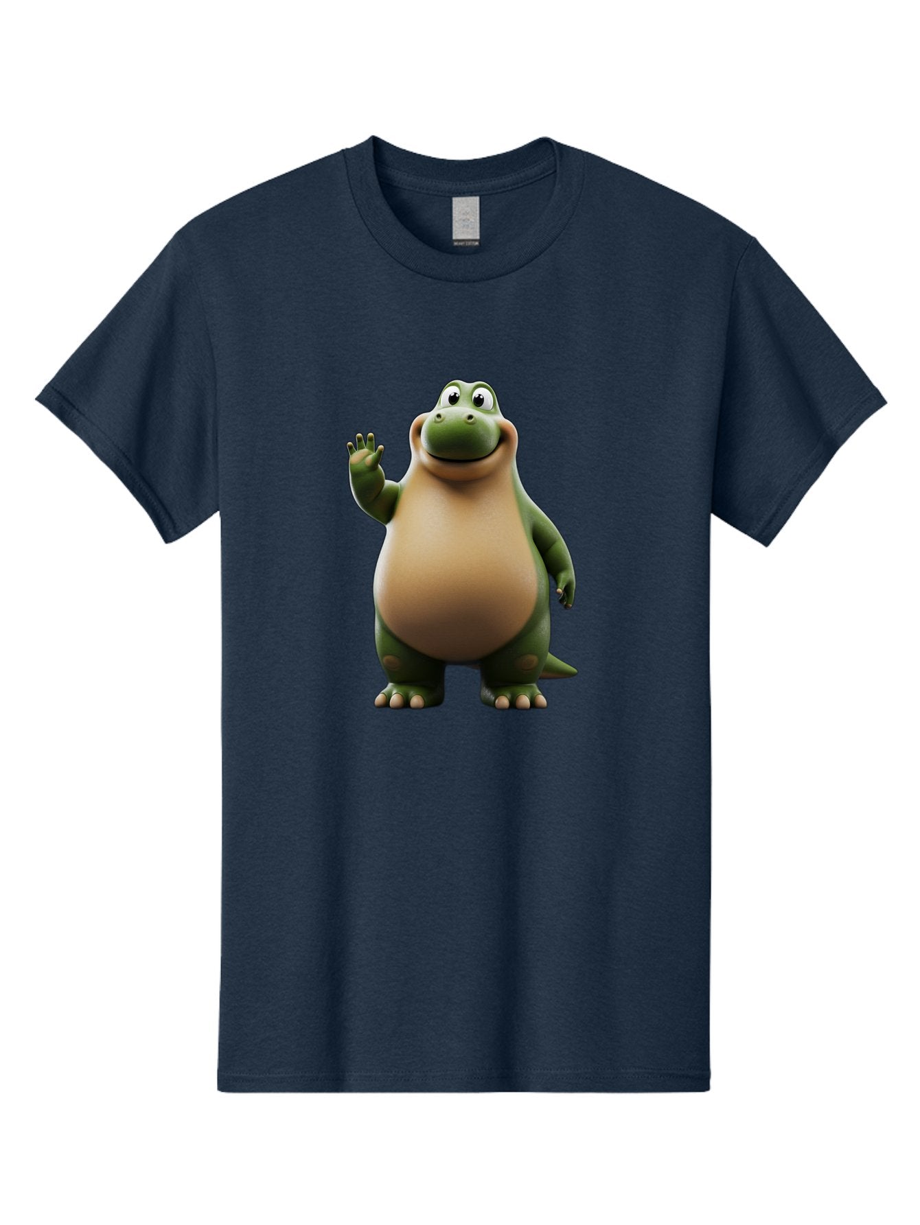 Cartoon-Dinosaur Men'S Graphic Tee, 100% Cotton, Comfortable Casual Summer Wear, Machine Washable, Cartoon Dinosaur, Friendly T-Rex, Green And Tan, Waving Hand, Smiling Face, Animated Character, Children'S Illustration, Prehistoric Creature, Bae391 9