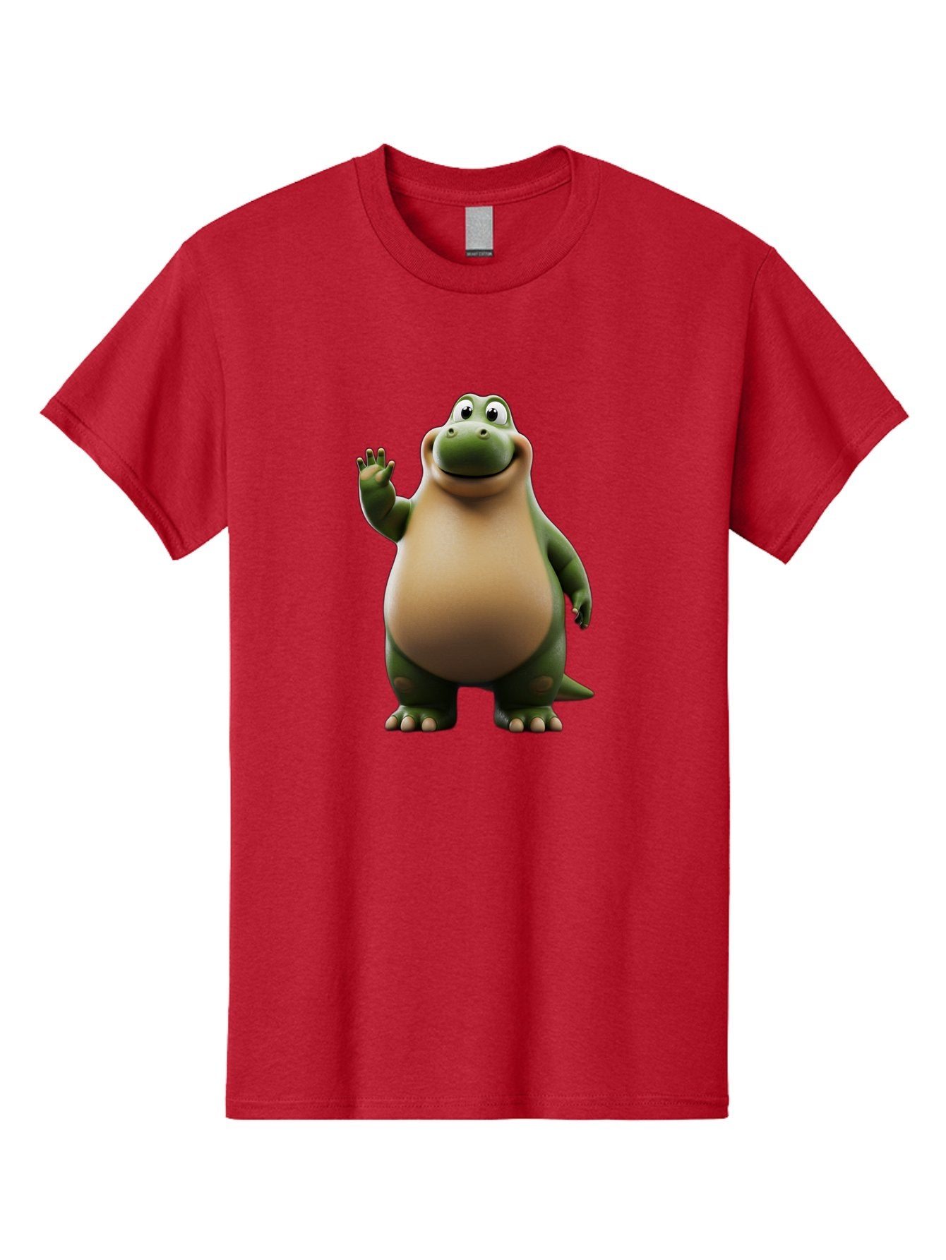 Cartoon-Dinosaur Men'S Graphic Tee, 100% Cotton, Comfortable Casual Summer Wear, Machine Washable, Cartoon Dinosaur, Friendly T-Rex, Green And Tan, Waving Hand, Smiling Face, Animated Character, Children'S Illustration, Prehistoric Creature, Bae391 15