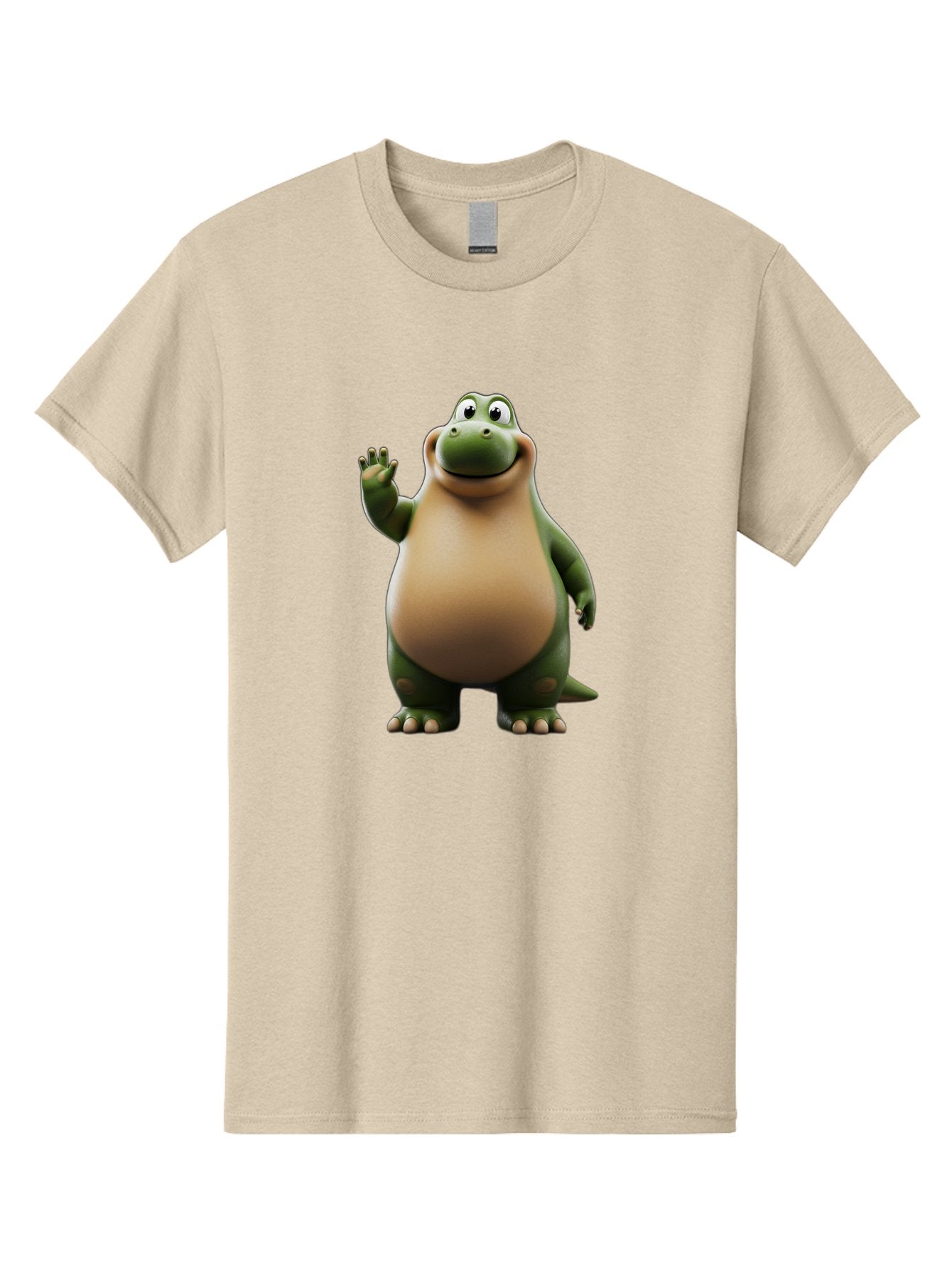 Cartoon-Dinosaur Men'S Graphic Tee, 100% Cotton, Comfortable Casual Summer Wear, Machine Washable, Cartoon Dinosaur, Friendly T-Rex, Green And Tan, Waving Hand, Smiling Face, Animated Character, Children'S Illustration, Prehistoric Creature, Bae391 8