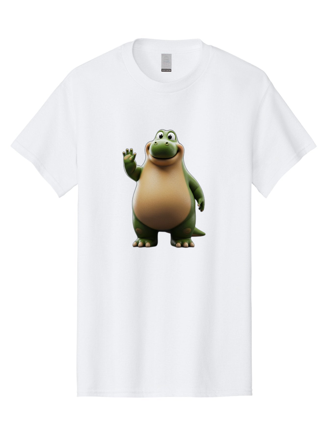 Cartoon-Dinosaur Men'S Graphic Tee, 100% Cotton, Comfortable Casual Summer Wear, Machine Washable, Cartoon Dinosaur, Friendly T-Rex, Green And Tan, Waving Hand, Smiling Face, Animated Character, Children'S Illustration, Prehistoric Creature, Bae391 3