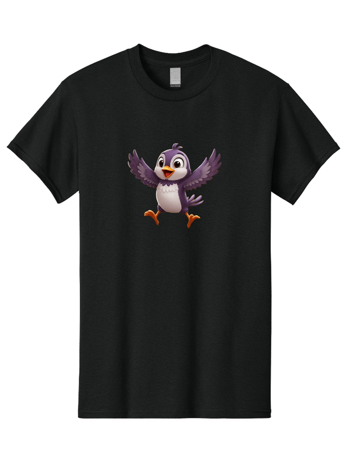 Cartoon-Penguin Men'S Graphic Tee, 100% Cotton, Comfortable Casual Summer Wear, Machine Washable, Cartoon Penguin, Animated Character, Playful Bird, Cute Creature, Purple And White Feathers, Orange Beak And Feet, Flying Penguin, Bae393 5