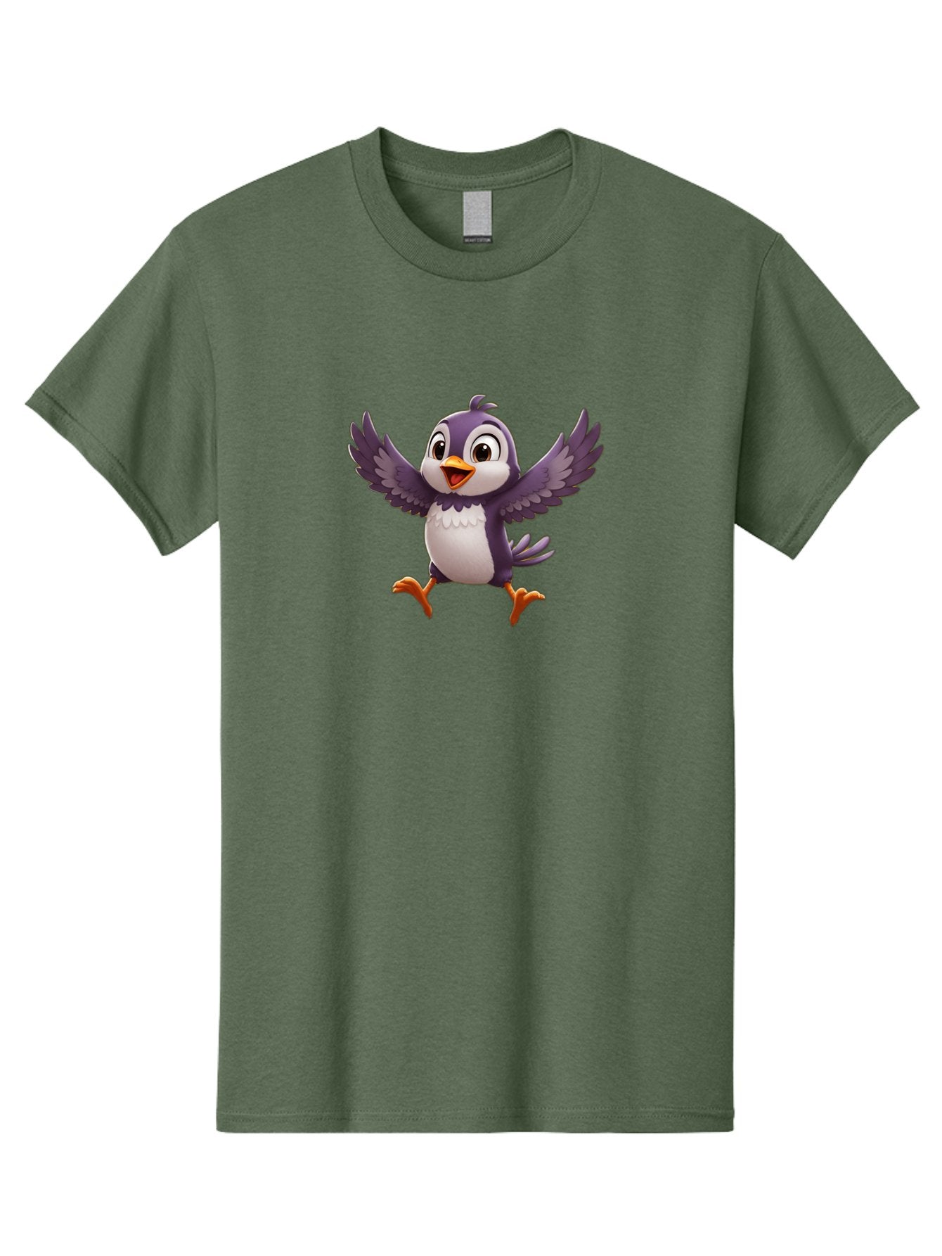 Cartoon-Penguin Men'S Graphic Tee, 100% Cotton, Comfortable Casual Summer Wear, Machine Washable, Cartoon Penguin, Animated Character, Playful Bird, Cute Creature, Purple And White Feathers, Orange Beak And Feet, Flying Penguin, Bae393
