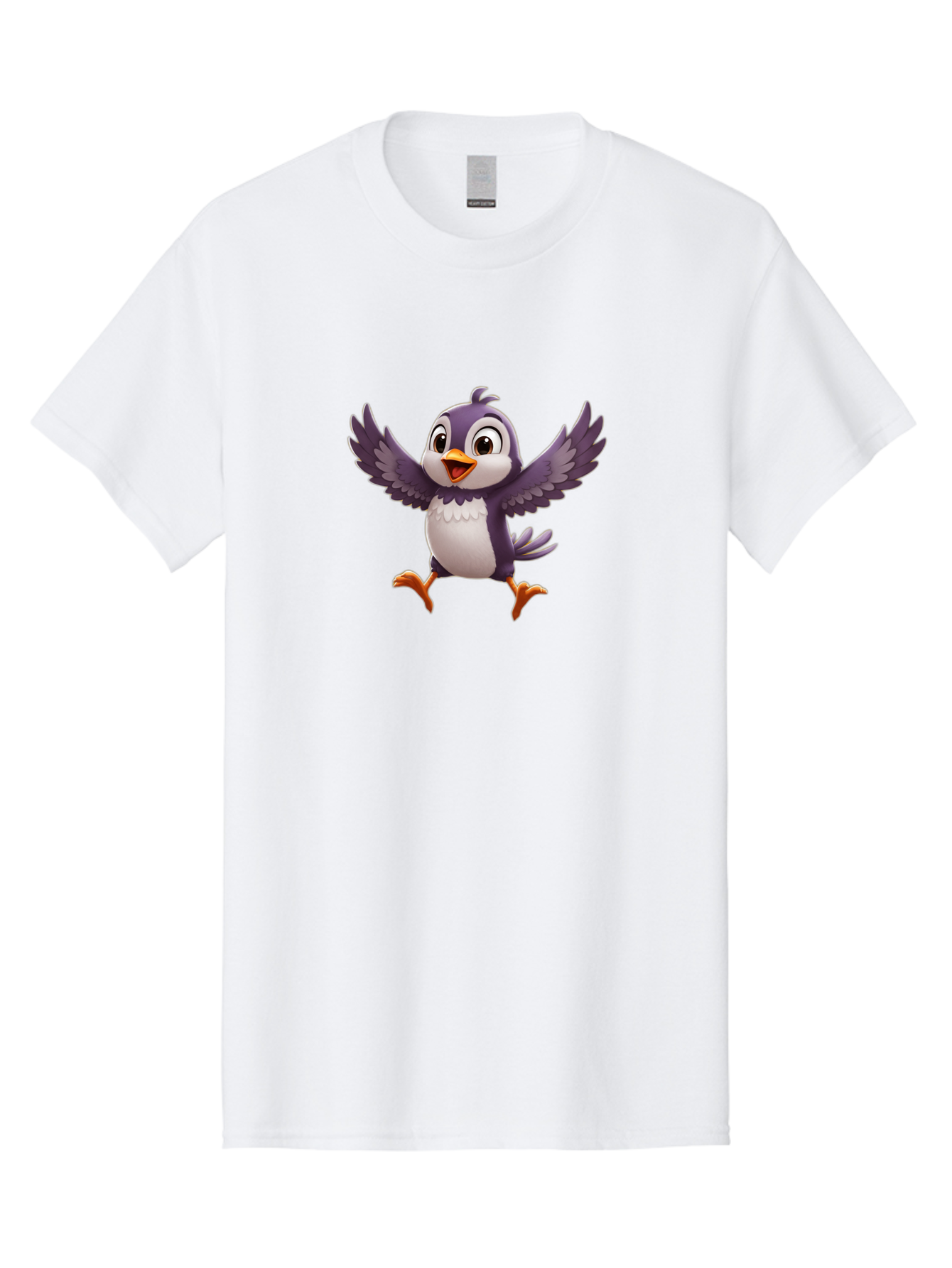 Cartoon-Penguin Men'S Graphic Tee, 100% Cotton, Comfortable Casual Summer Wear, Machine Washable, Cartoon Penguin, Animated Character, Playful Bird, Cute Creature, Purple And White Feathers, Orange Beak And Feet, Flying Penguin, Bae393