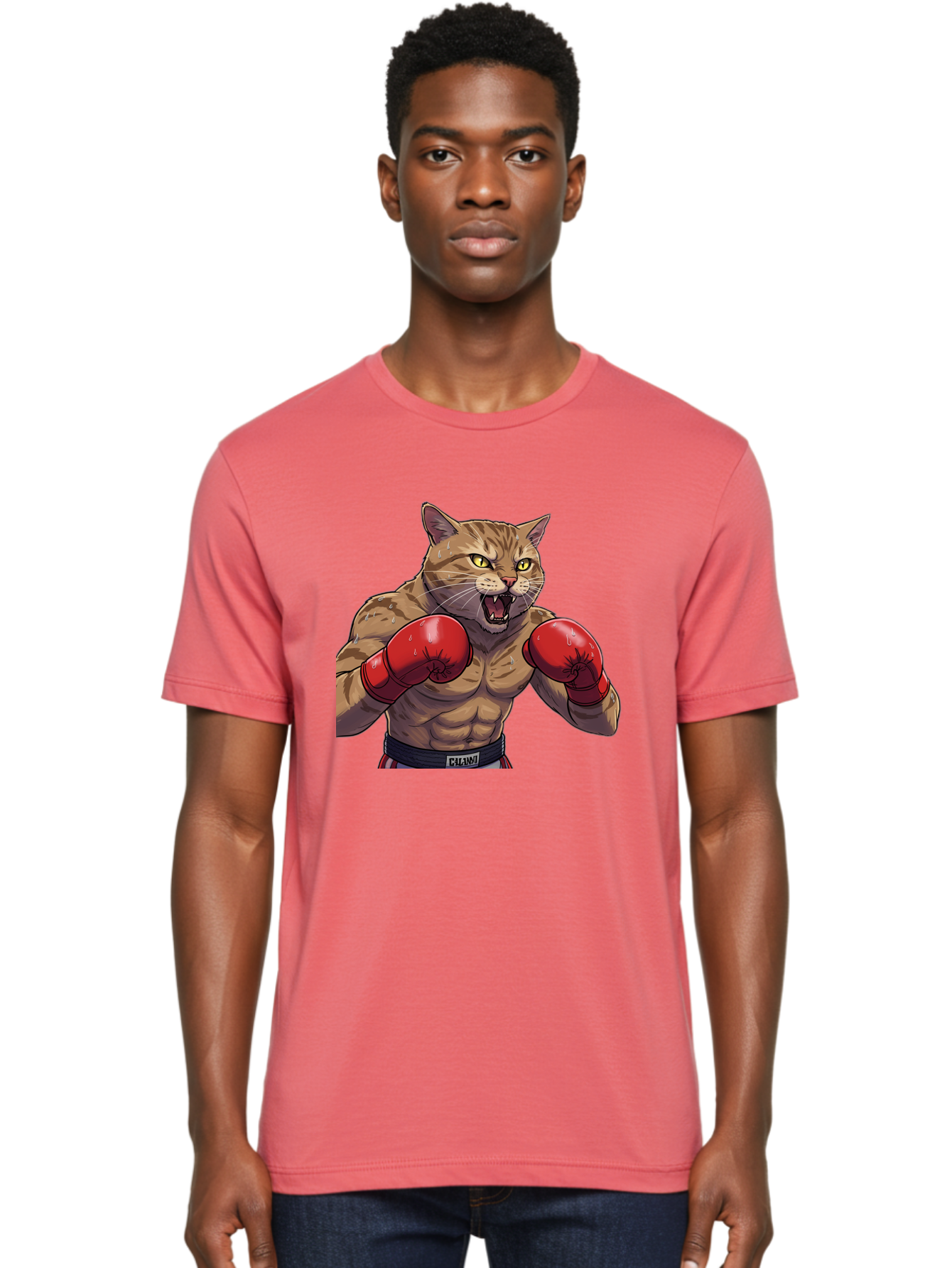 Cat-Boxer-1 Men'S Graphic Tee, 100% Cotton, Comfortable Casual Summer Wear, Machine Washable, Muscular Cat, Boxing Gloves, Fighting Stance, Aggressive Expression, Cartoon Character, Fitness, Athleticism, Feline, Combat Sports, Bae396 24