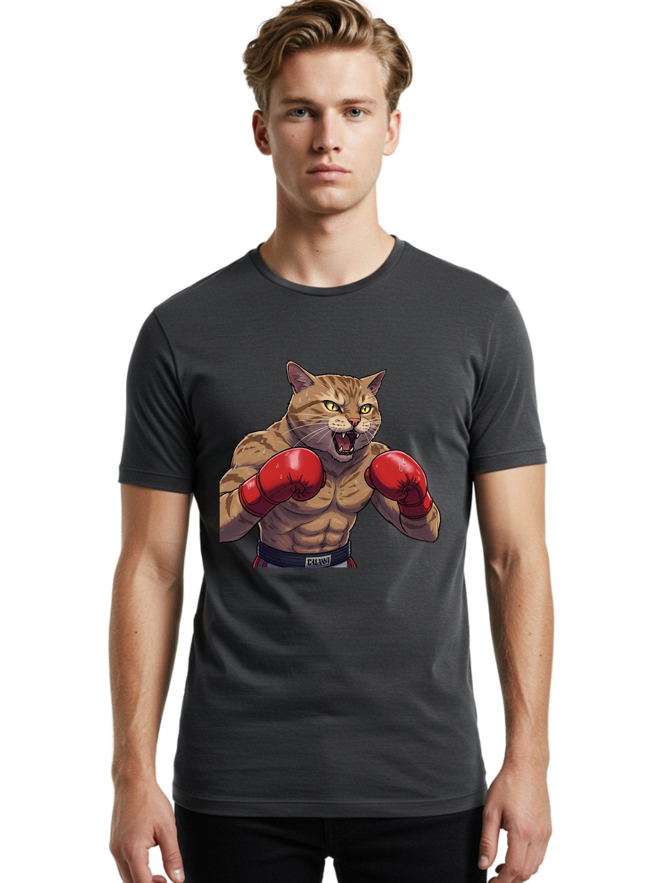 Cat-Boxer-1 Men'S Graphic Tee, 100% Cotton, Comfortable Casual Summer Wear, Machine Washable, Muscular Cat, Boxing Gloves, Fighting Stance, Aggressive Expression, Cartoon Character, Fitness, Athleticism, Feline, Combat Sports, Bae396 24