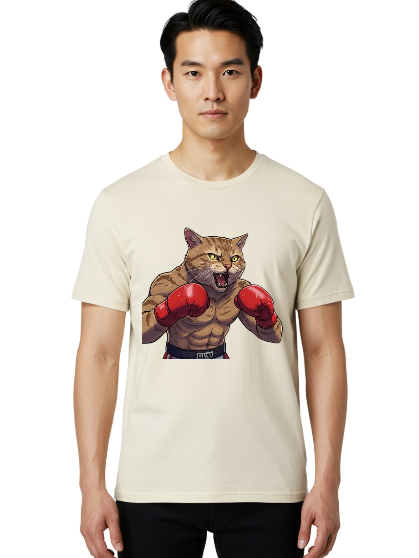 Cat-Boxer-1 Men'S Graphic Tee, 100% Cotton, Comfortable Casual Summer Wear, Machine Washable, Muscular Cat, Boxing Gloves, Fighting Stance, Aggressive Expression, Cartoon Character, Fitness, Athleticism, Feline, Combat Sports, Bae396 25