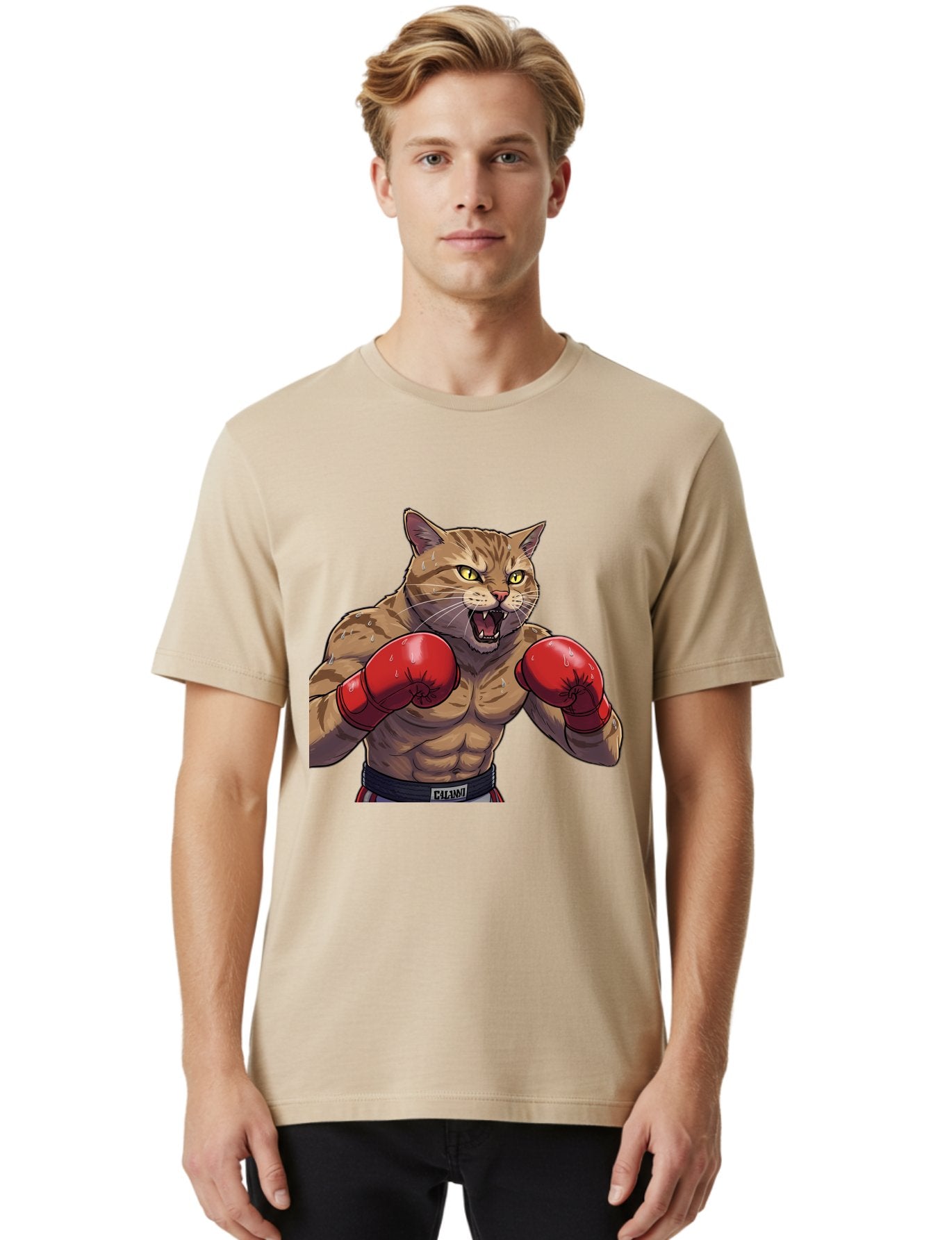 Cat-Boxer-1 Men'S Graphic Tee, 100% Cotton, Comfortable Casual Summer Wear, Machine Washable, Muscular Cat, Boxing Gloves, Fighting Stance, Aggressive Expression, Cartoon Character, Fitness, Athleticism, Feline, Combat Sports, Bae396 16