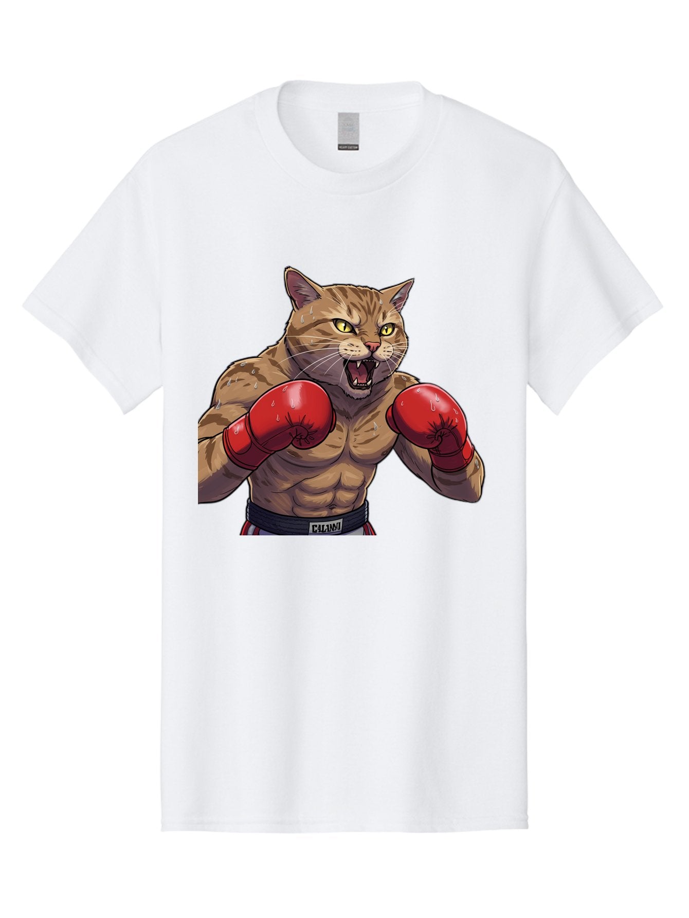 Cat-Boxer-1 Men'S Graphic Tee, 100% Cotton, Comfortable Casual Summer Wear, Machine Washable, Muscular Cat, Boxing Gloves, Fighting Stance, Aggressive Expression, Cartoon Character, Fitness, Athleticism, Feline, Combat Sports, Bae396