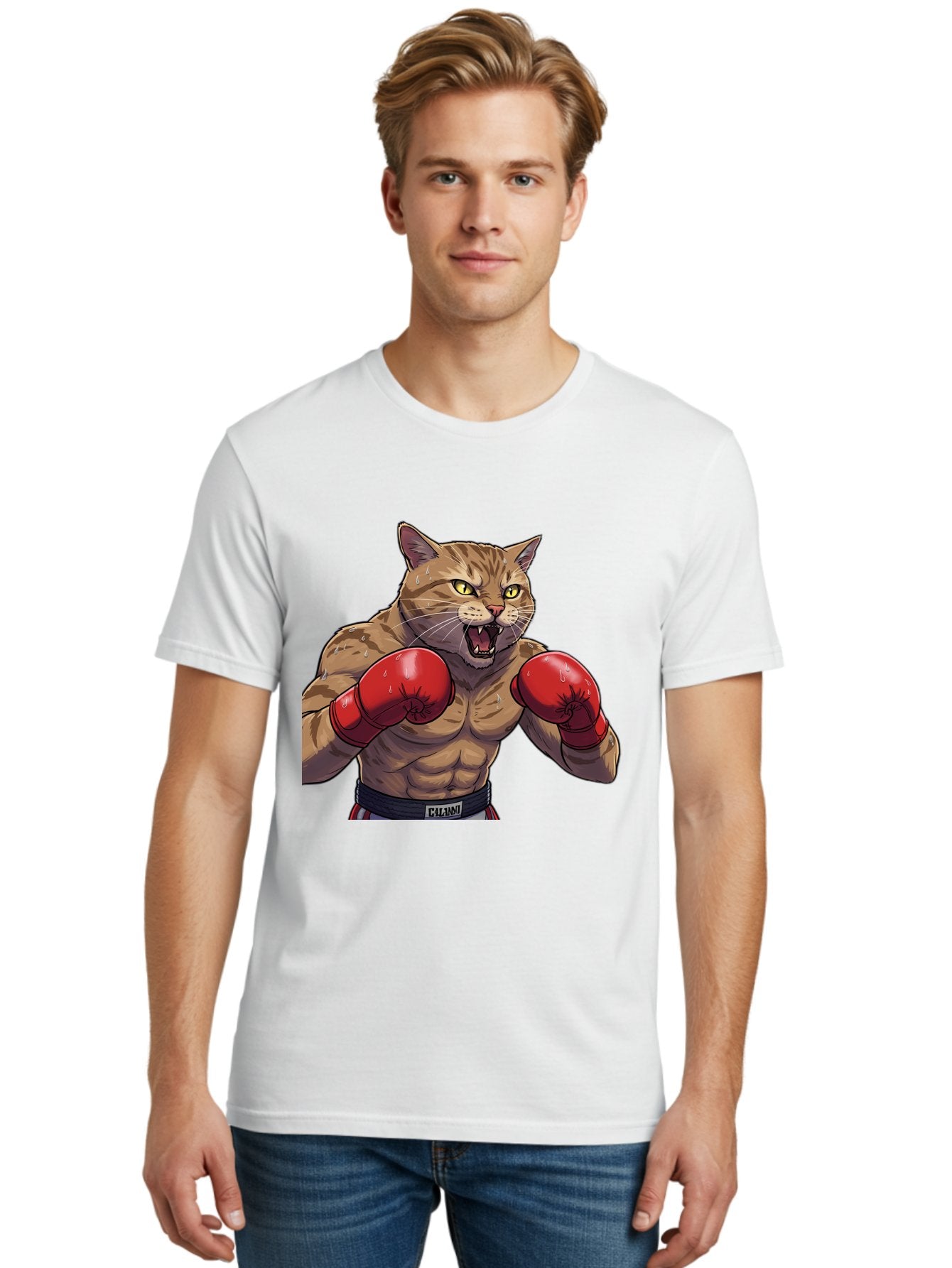 Cat-Boxer-1 Men'S Graphic Tee, 100% Cotton, Comfortable Casual Summer Wear, Machine Washable, Muscular Cat, Boxing Gloves, Fighting Stance, Aggressive Expression, Cartoon Character, Fitness, Athleticism, Feline, Combat Sports, Bae396 21
