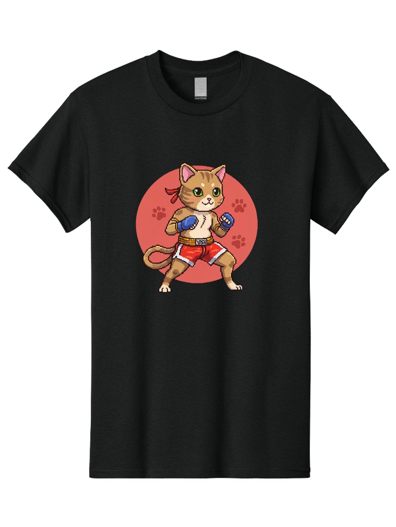 Cat-Boxer Men'S Graphic Tee, 100% Cotton, Comfortable Casual Summer Wear, Machine Washable, Cartoon Cat In Boxing Gloves, Muay Thai Fighter, Kawaii Kitty, Fighting Stance, Red Shorts, Blue Gloves, Playful Illustration, Cute Kitten Bae397 4