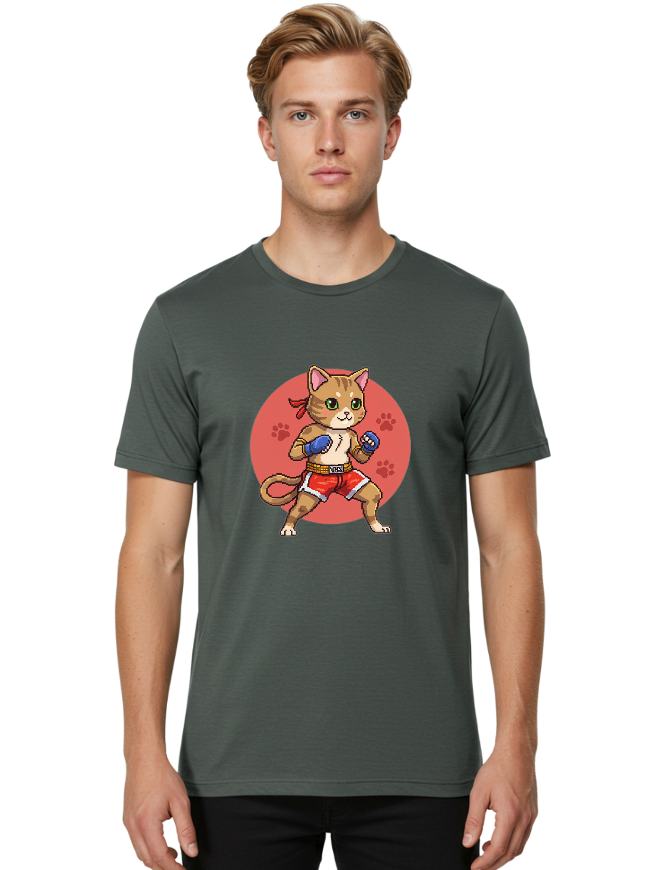 Cat-Boxer Men'S Graphic Tee, 100% Cotton, Comfortable Casual Summer Wear, Machine Washable, Cartoon Cat In Boxing Gloves, Muay Thai Fighter, Kawaii Kitty, Fighting Stance, Red Shorts, Blue Gloves, Playful Illustration, Cute Kitten Bae397 28