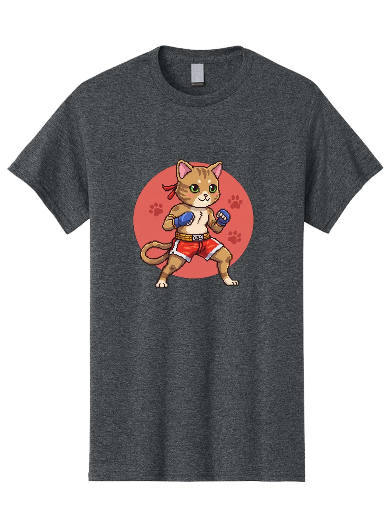 Cat-Boxer Men'S Graphic Tee, 100% Cotton, Comfortable Casual Summer Wear, Machine Washable, Cartoon Cat In Boxing Gloves, Muay Thai Fighter, Kawaii Kitty, Fighting Stance, Red Shorts, Blue Gloves, Playful Illustration, Cute Kitten Bae397