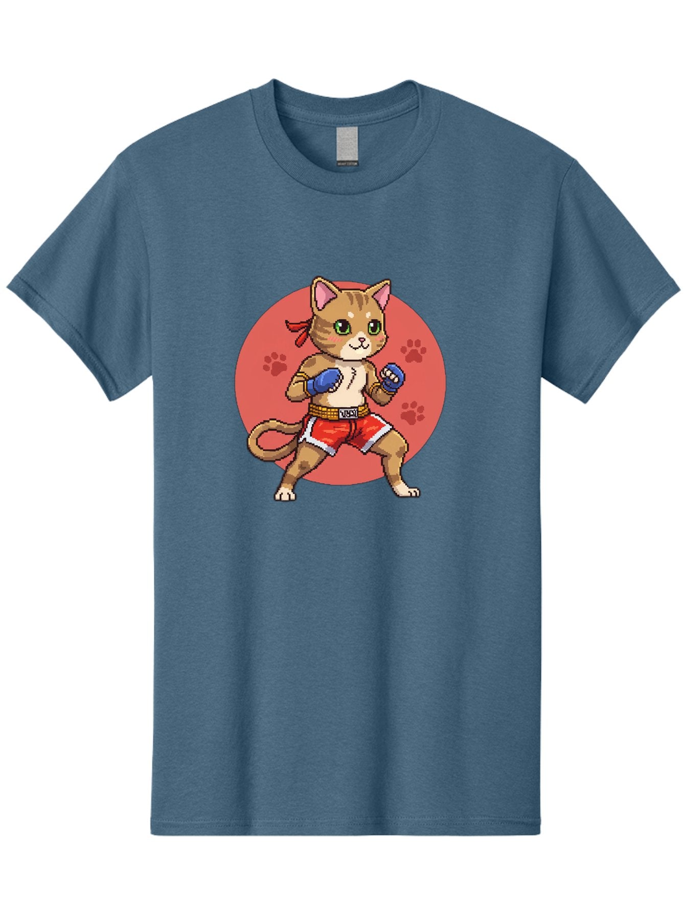 Cat-Boxer Men'S Graphic Tee, 100% Cotton, Comfortable Casual Summer Wear, Machine Washable, Cartoon Cat In Boxing Gloves, Muay Thai Fighter, Kawaii Kitty, Fighting Stance, Red Shorts, Blue Gloves, Playful Illustration, Cute Kitten Bae397 5
