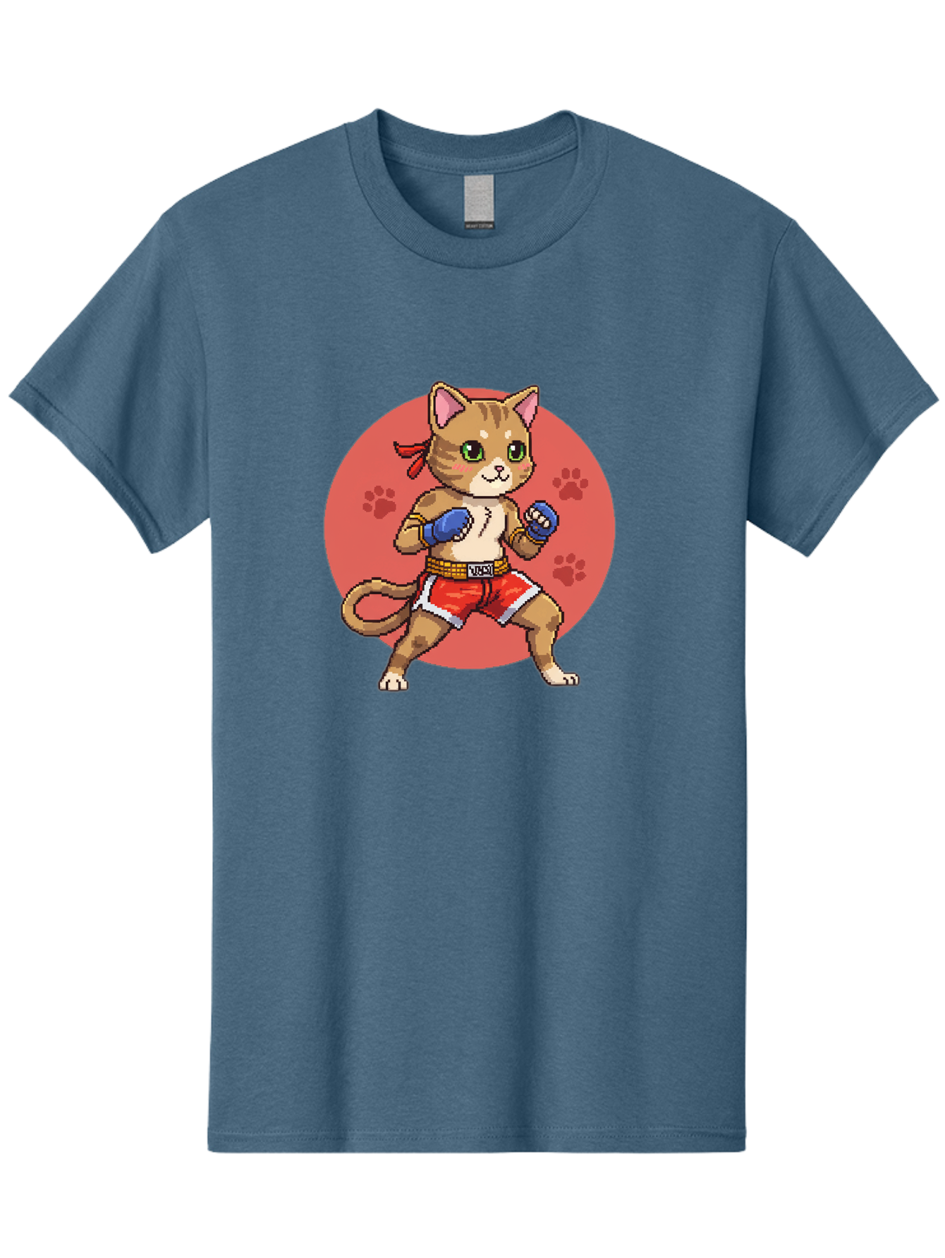 Cat-Boxer Men'S Graphic Tee, 100% Cotton, Comfortable Casual Summer Wear, Machine Washable, Cartoon Cat In Boxing Gloves, Muay Thai Fighter, Kawaii Kitty, Fighting Stance, Red Shorts, Blue Gloves, Playful Illustration, Cute Kitten Bae397 8