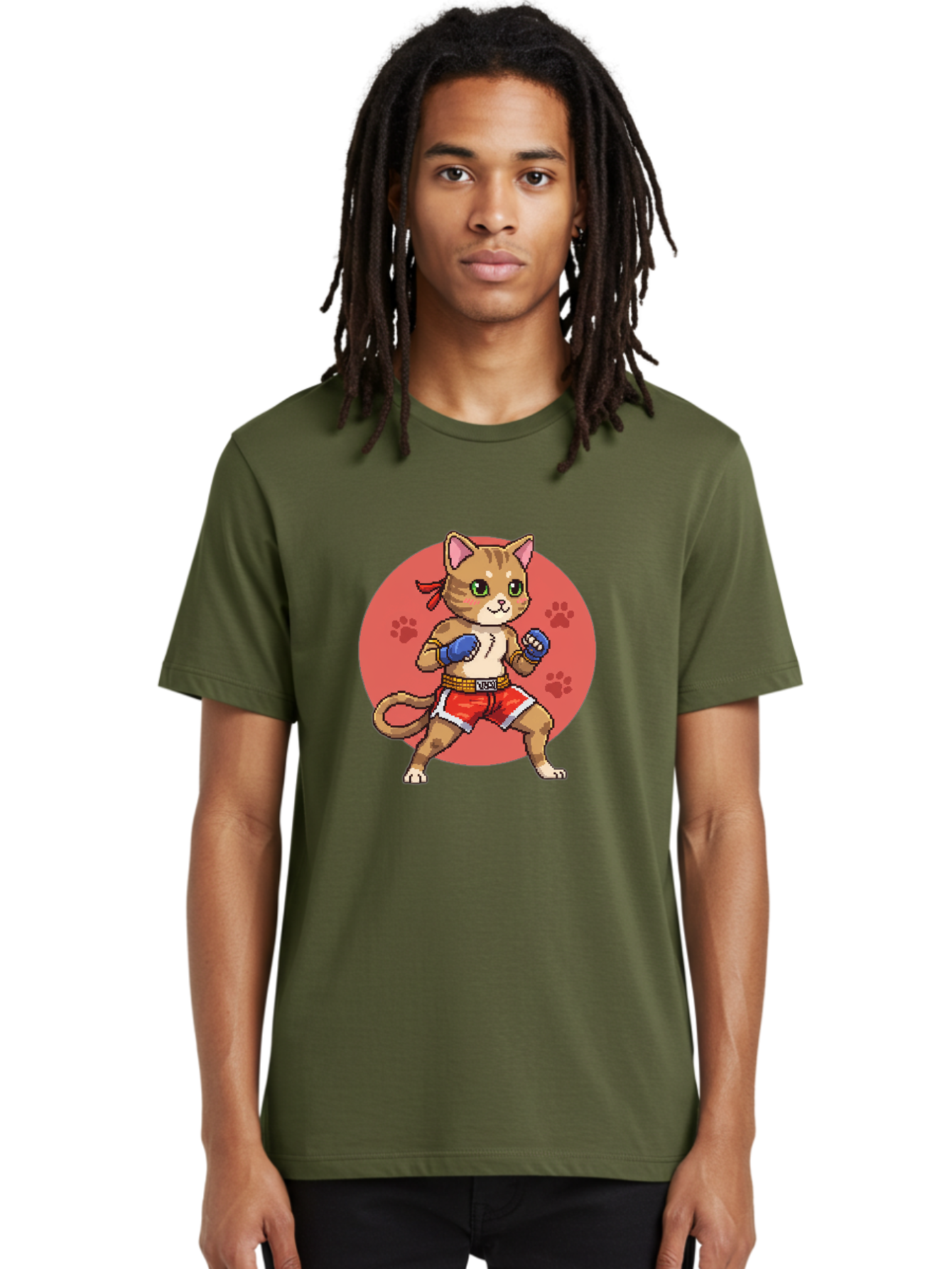 Cat-Boxer Men'S Graphic Tee, 100% Cotton, Comfortable Casual Summer Wear, Machine Washable, Cartoon Cat In Boxing Gloves, Muay Thai Fighter, Kawaii Kitty, Fighting Stance, Red Shorts, Blue Gloves, Playful Illustration, Cute Kitten Bae397 19