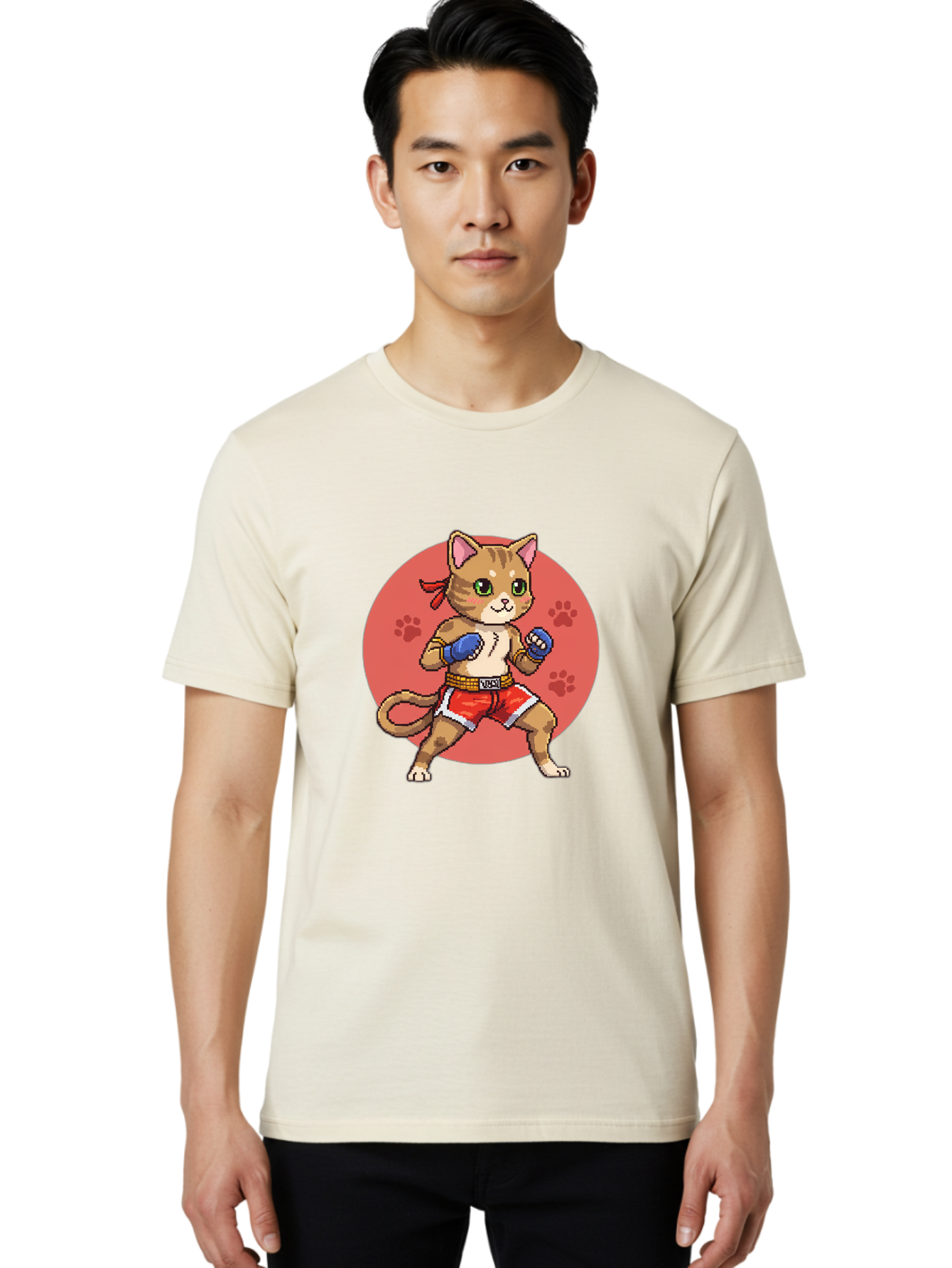 Cat-Boxer Men'S Graphic Tee, 100% Cotton, Comfortable Casual Summer Wear, Machine Washable, Cartoon Cat In Boxing Gloves, Muay Thai Fighter, Kawaii Kitty, Fighting Stance, Red Shorts, Blue Gloves, Playful Illustration, Cute Kitten Bae397 20
