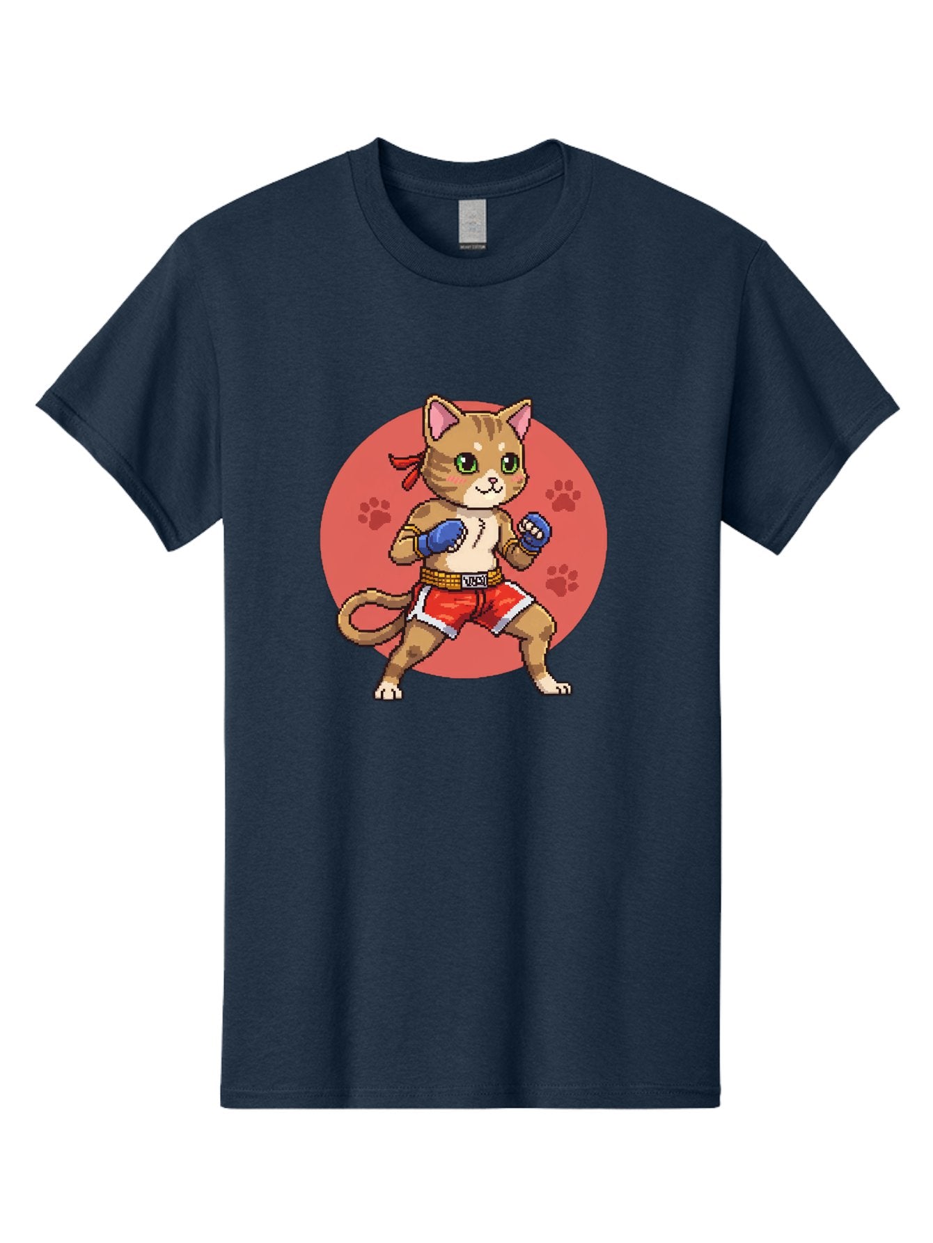 Cat-Boxer Men'S Graphic Tee, 100% Cotton, Comfortable Casual Summer Wear, Machine Washable, Cartoon Cat In Boxing Gloves, Muay Thai Fighter, Kawaii Kitty, Fighting Stance, Red Shorts, Blue Gloves, Playful Illustration, Cute Kitten Bae397 10
